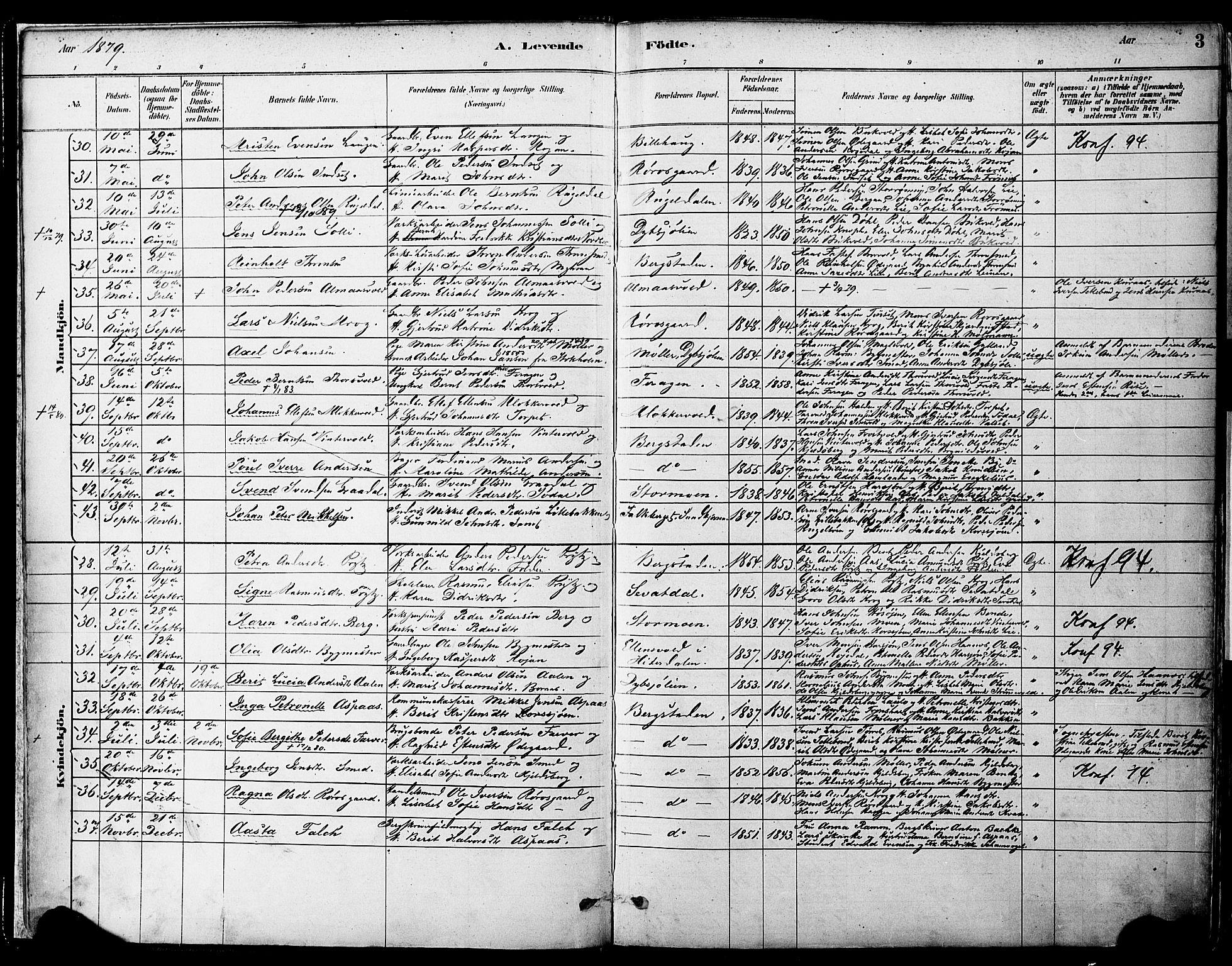 Ministerialprotokoller, klokkerbøker og fødselsregistre - Sør-Trøndelag, SAT/A-1456/681/L0933: Parish register (official) no. 681A11, 1879-1890, p. 3
