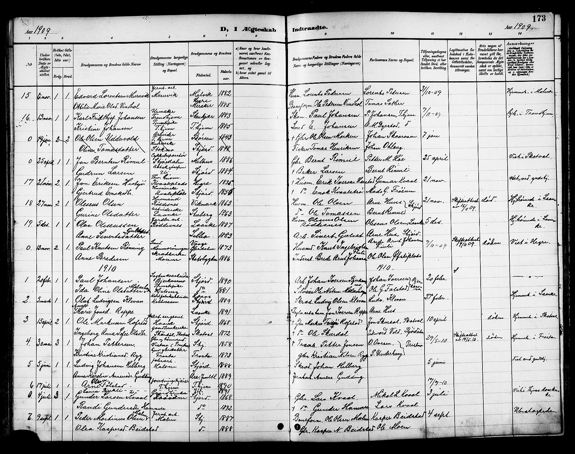 Ministerialprotokoller, klokkerbøker og fødselsregistre - Nord-Trøndelag, SAT/A-1458/709/L0087: Parish register (copy) no. 709C01, 1892-1913, p. 173