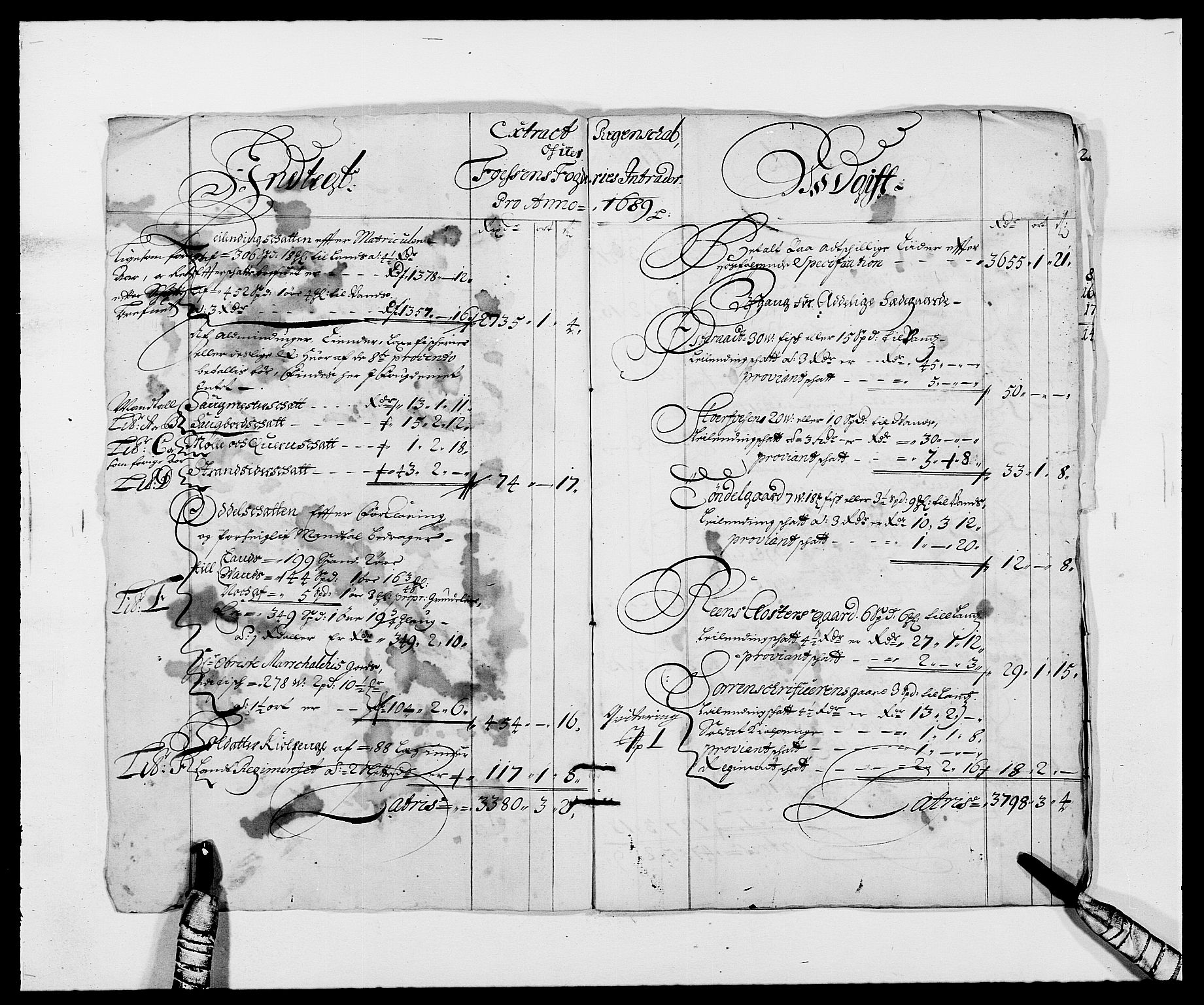 Rentekammeret inntil 1814, Reviderte regnskaper, Fogderegnskap, RA/EA-4092/R57/L3847: Fogderegnskap Fosen, 1689, p. 3