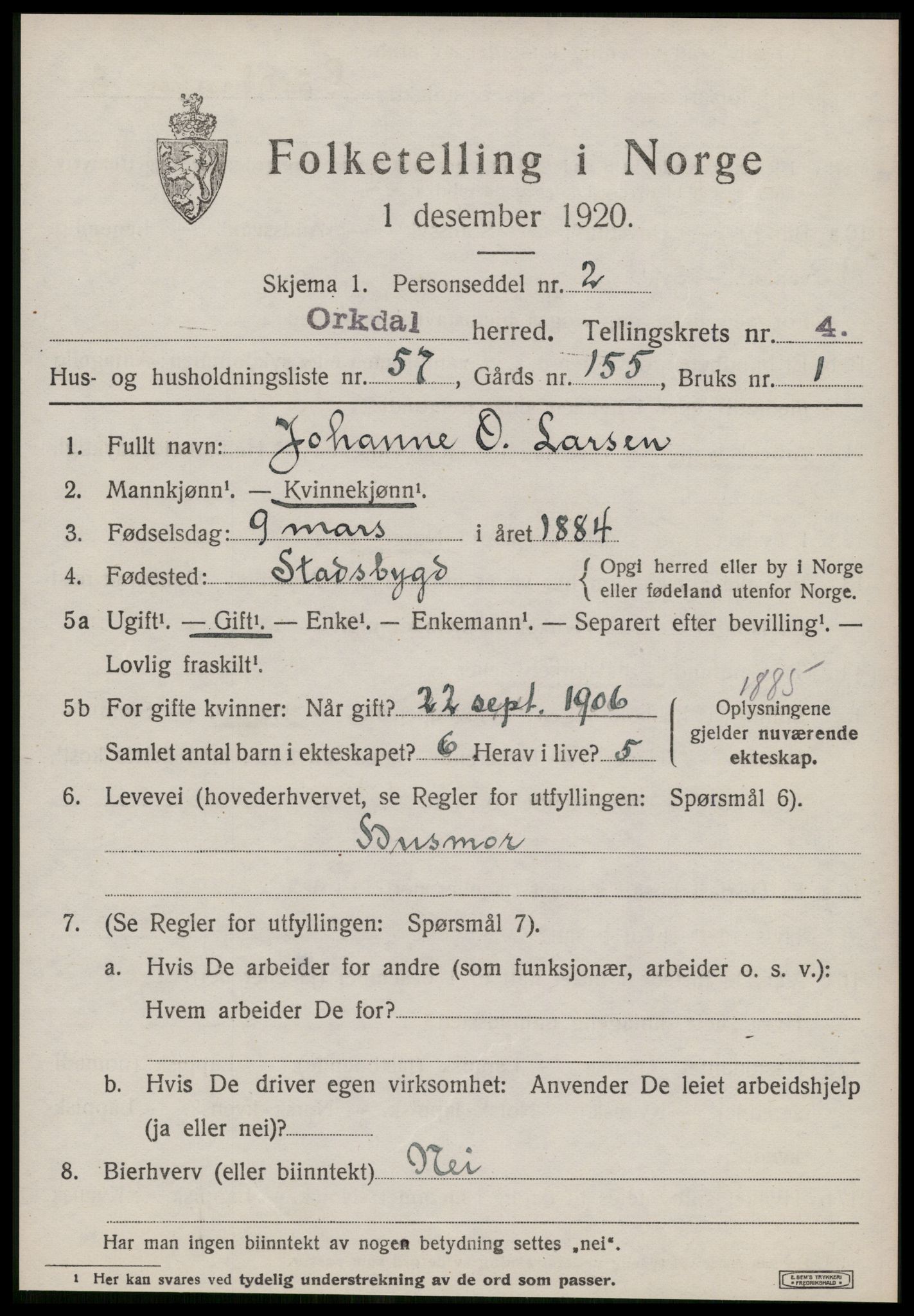 SAT, 1920 census for Orkdal, 1920, p. 4584