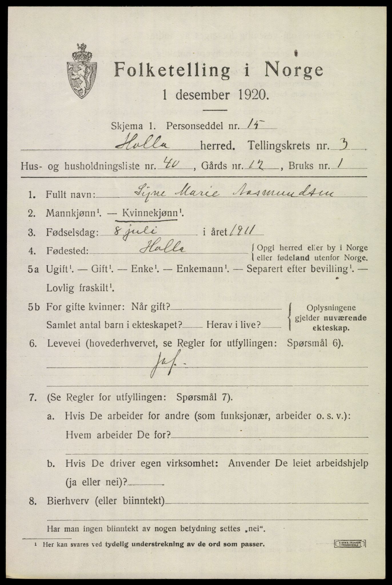 SAKO, 1920 census for Holla, 1920, p. 3607