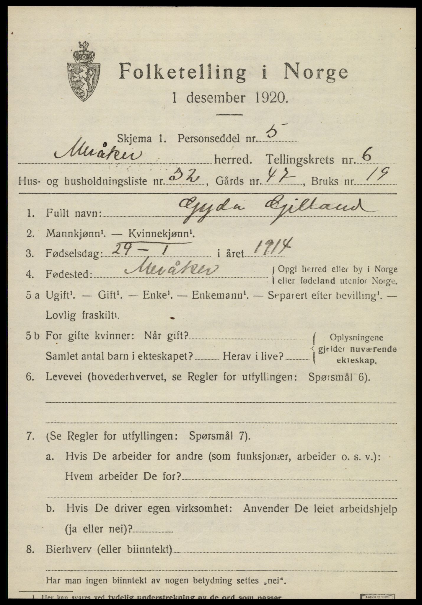 SAT, 1920 census for Meråker, 1920, p. 4984