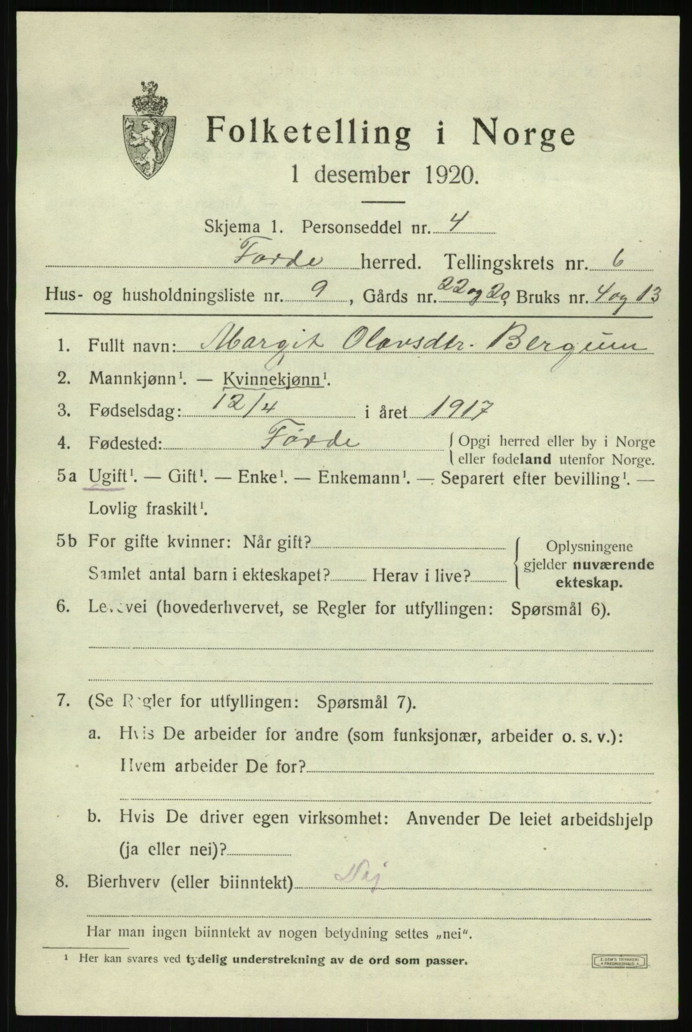 SAB, 1920 census for Førde, 1920, p. 2394