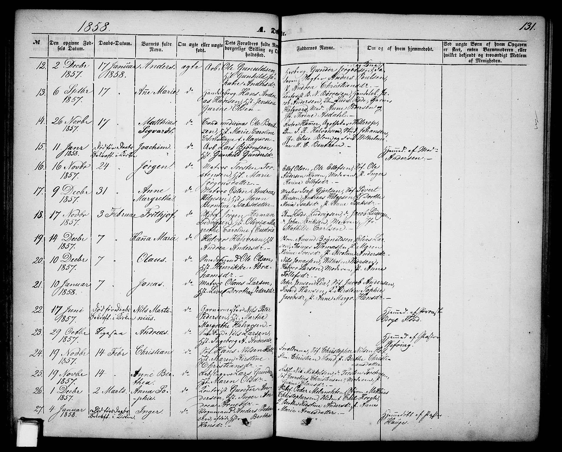 Skien kirkebøker, SAKO/A-302/G/Ga/L0004: Parish register (copy) no. 4, 1843-1867, p. 131
