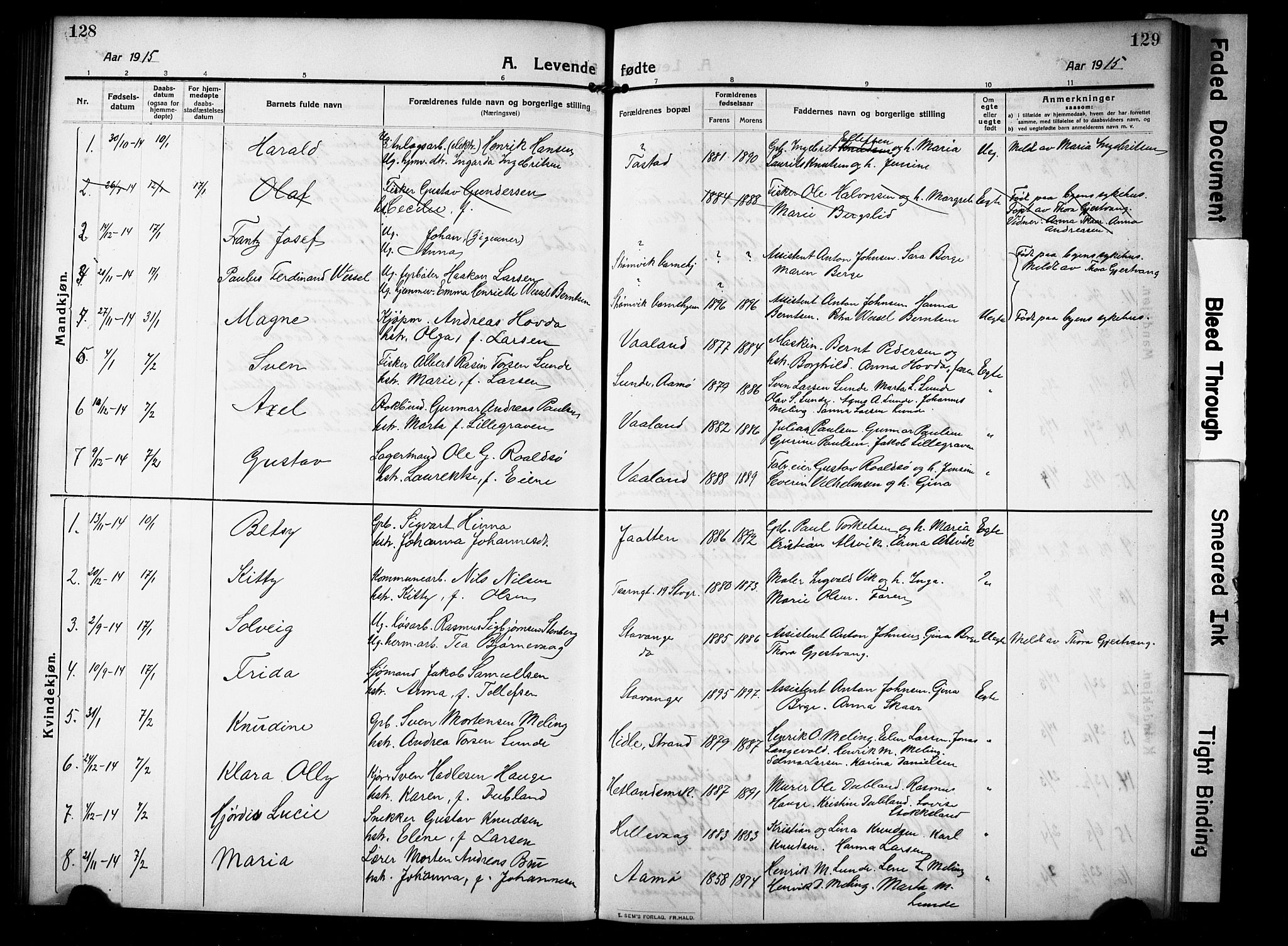 Hetland sokneprestkontor, SAST/A-101826/30/30BB/L0008: Parish register (copy) no. B 8, 1910-1921, p. 128-129