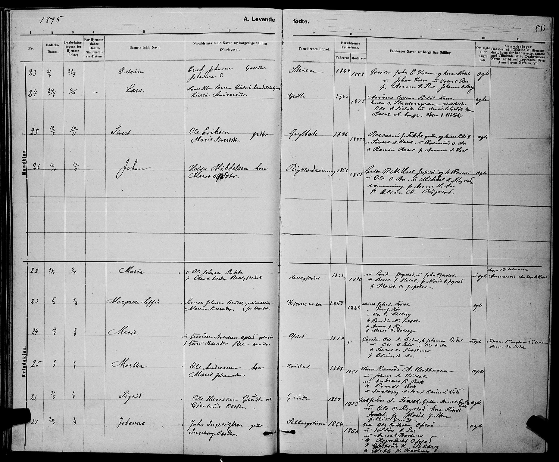 Ministerialprotokoller, klokkerbøker og fødselsregistre - Sør-Trøndelag, AV/SAT-A-1456/672/L0863: Parish register (copy) no. 672C02, 1888-1901, p. 66