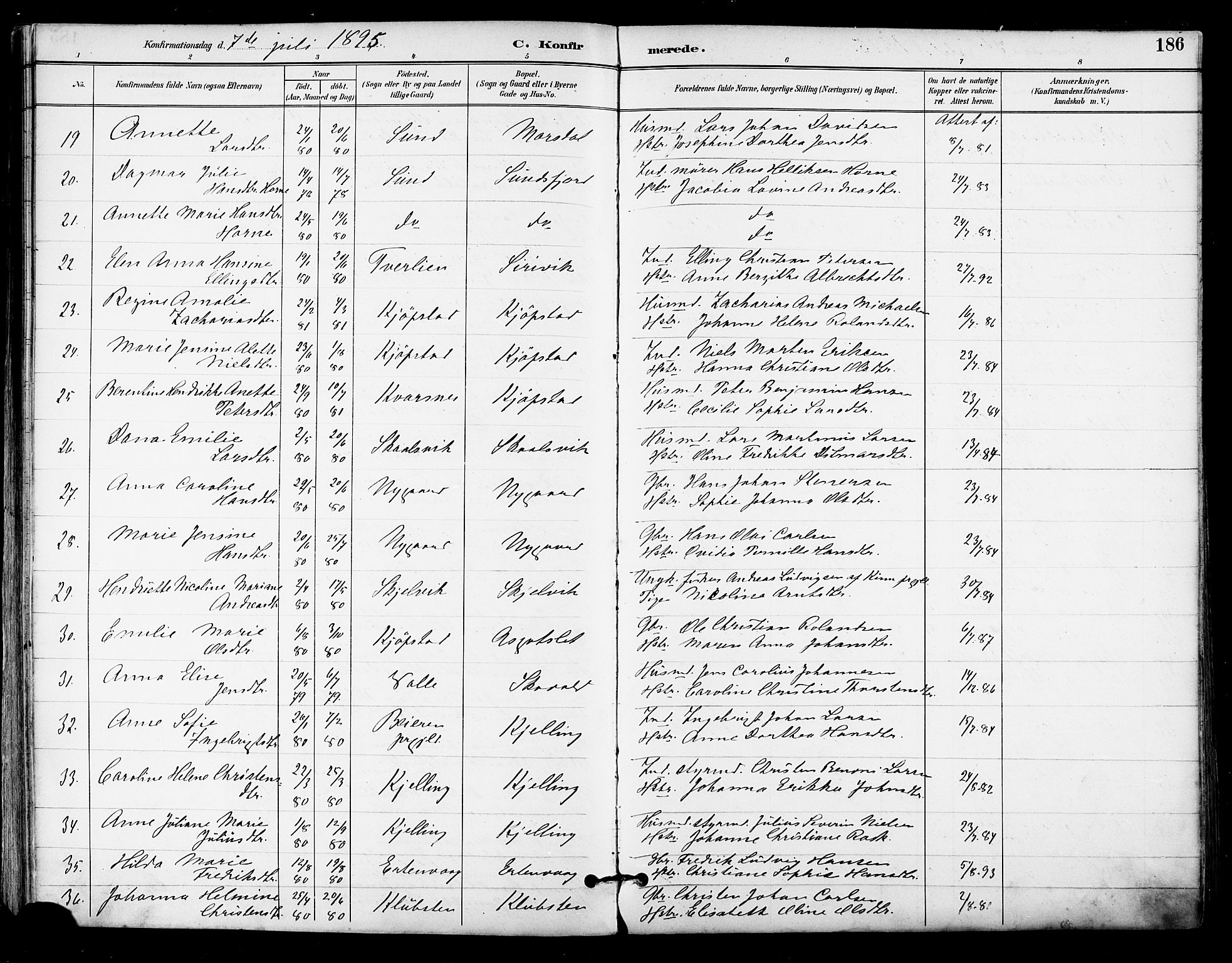 Ministerialprotokoller, klokkerbøker og fødselsregistre - Nordland, AV/SAT-A-1459/805/L0101: Parish register (official) no. 805A07, 1892-1899, p. 186