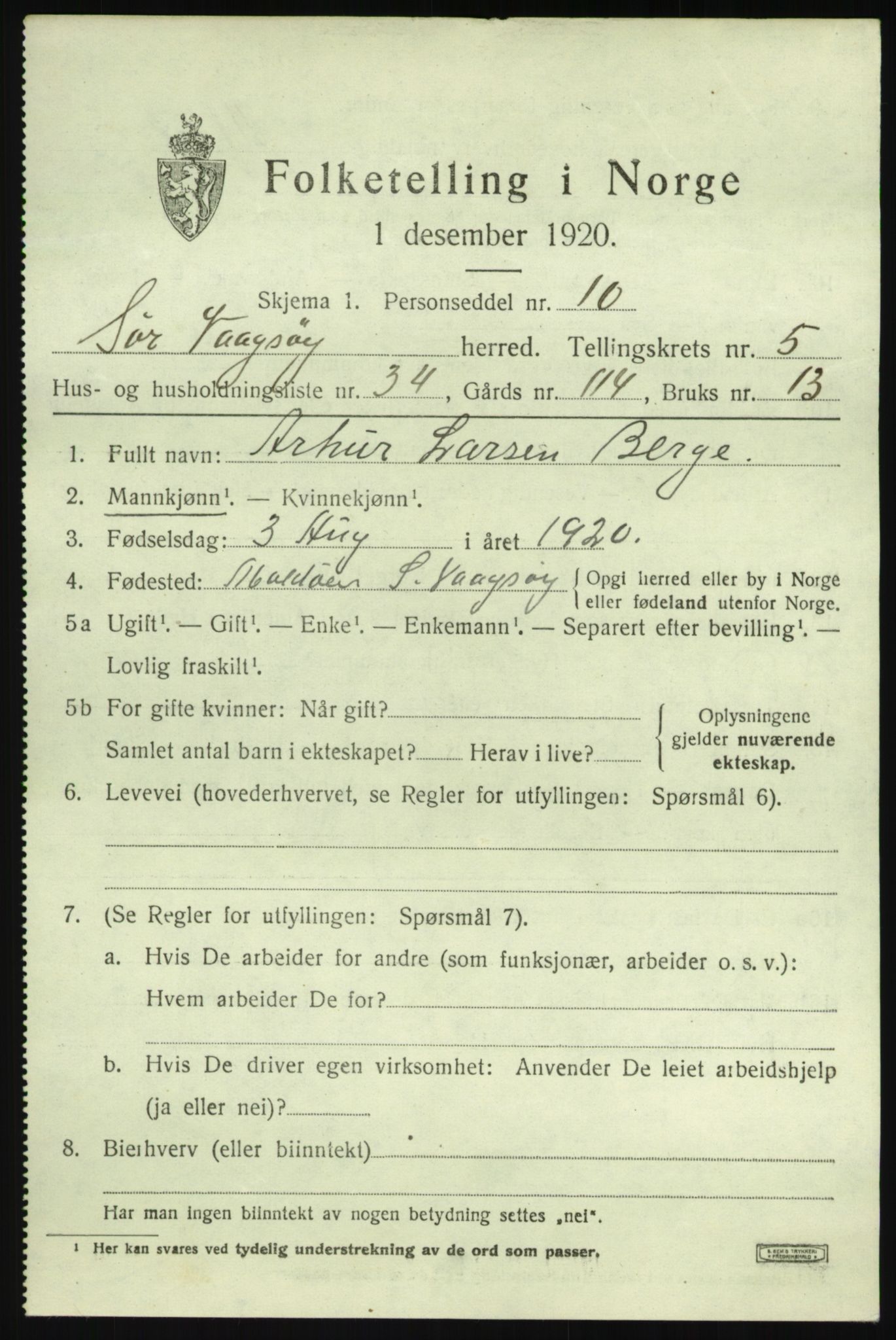 SAB, 1920 census for Sør-Vågsøy, 1920, p. 3290