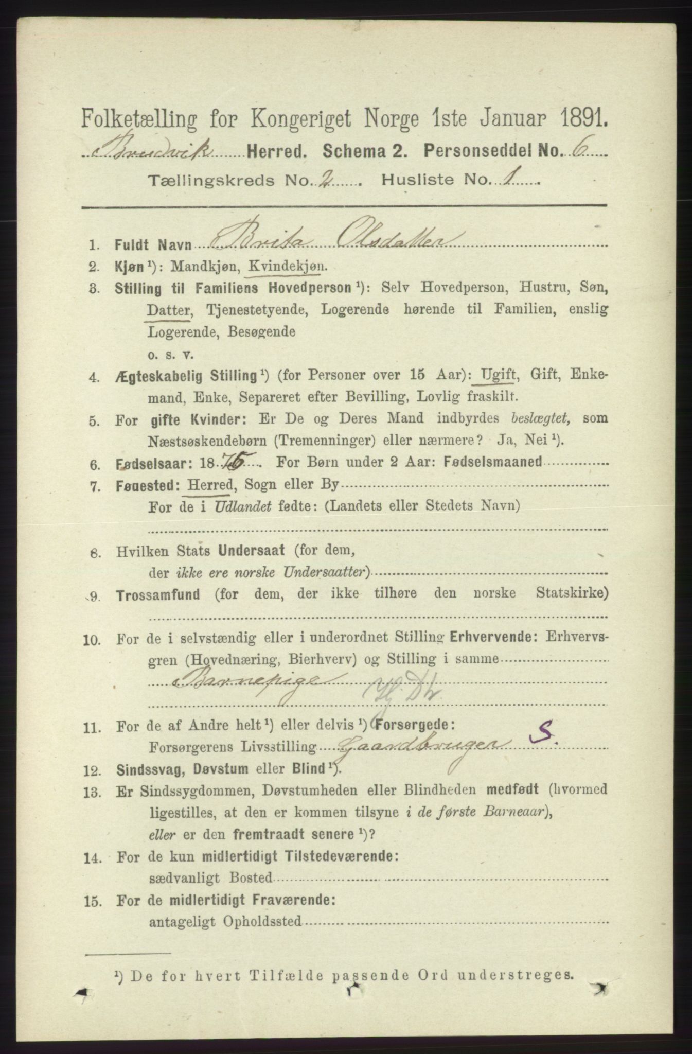 RA, 1891 census for 1251 Bruvik, 1891, p. 438