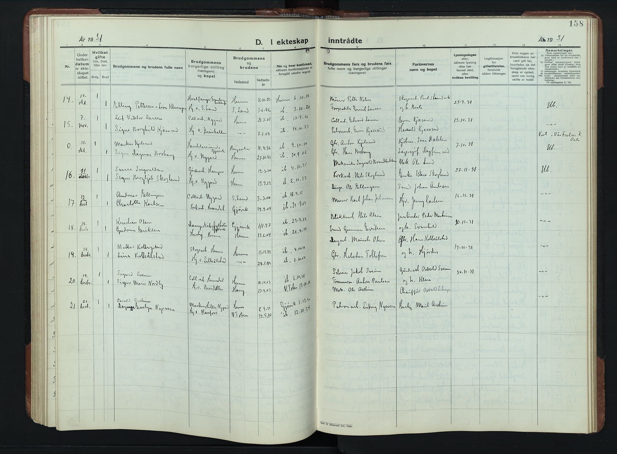 Vardal prestekontor, SAH/PREST-100/H/Ha/Hab/L0023: Parish register (copy) no. 23, 1929-1941, p. 158