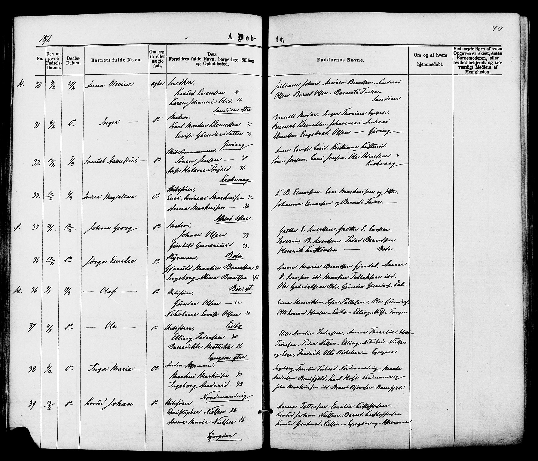 Dypvåg sokneprestkontor, AV/SAK-1111-0007/F/Fa/Faa/L0007: Parish register (official) no. A 7/ 1, 1872-1884, p. 70