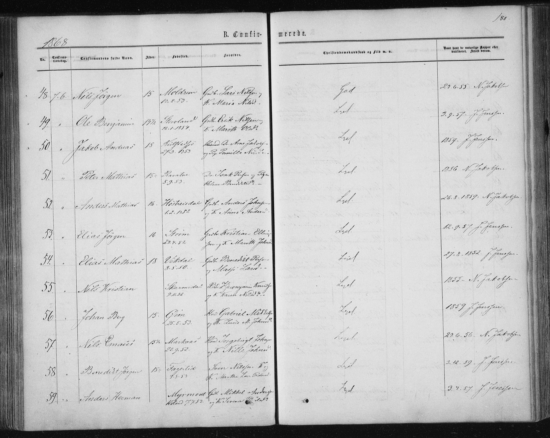 Ministerialprotokoller, klokkerbøker og fødselsregistre - Nordland, AV/SAT-A-1459/820/L0294: Parish register (official) no. 820A15, 1866-1879, p. 180