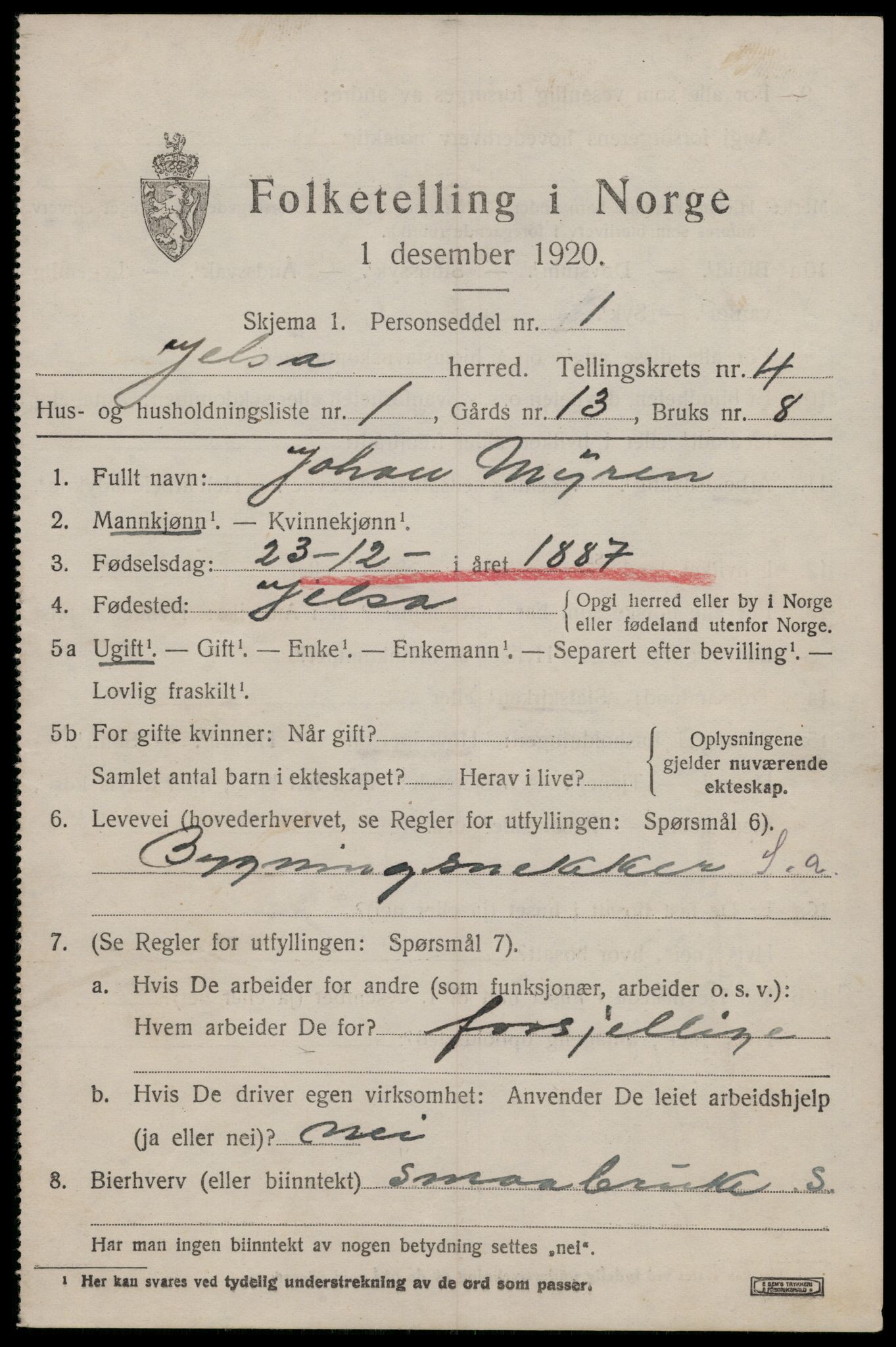 SAST, 1920 census for Jelsa, 1920, p. 1178