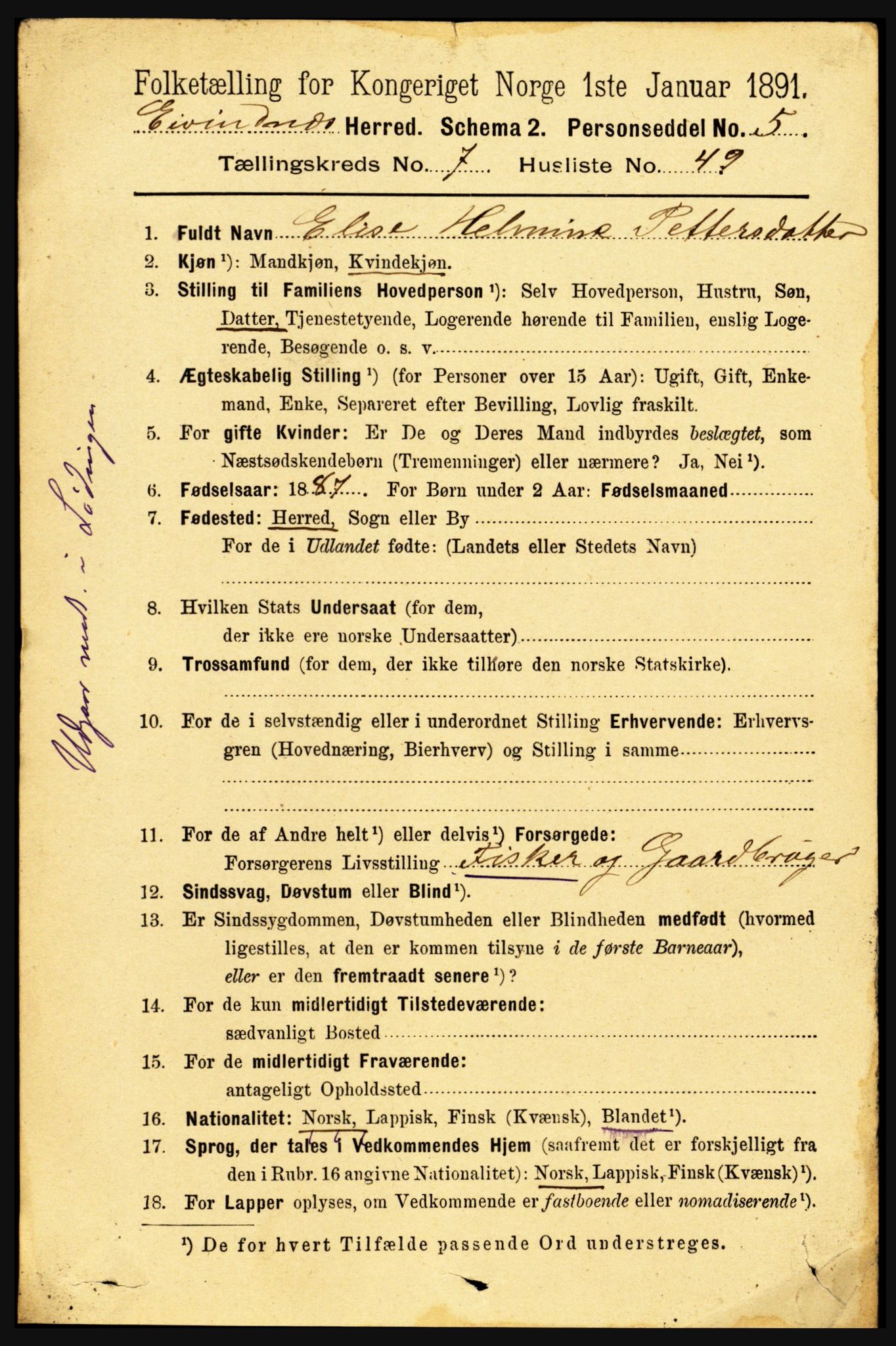 RA, 1891 census for 1853 Evenes, 1891, p. 2466