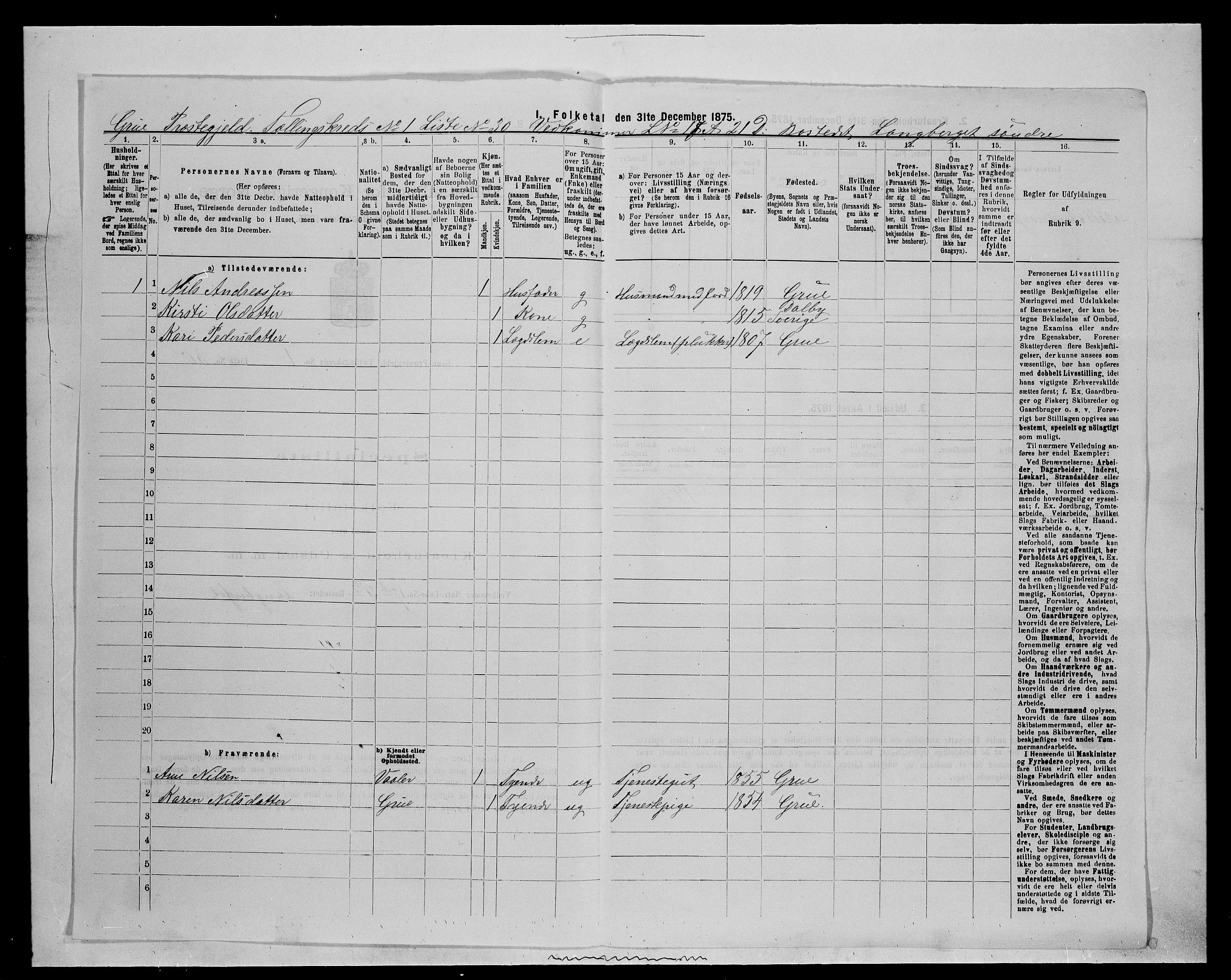 SAH, 1875 census for 0423P Grue, 1875, p. 212