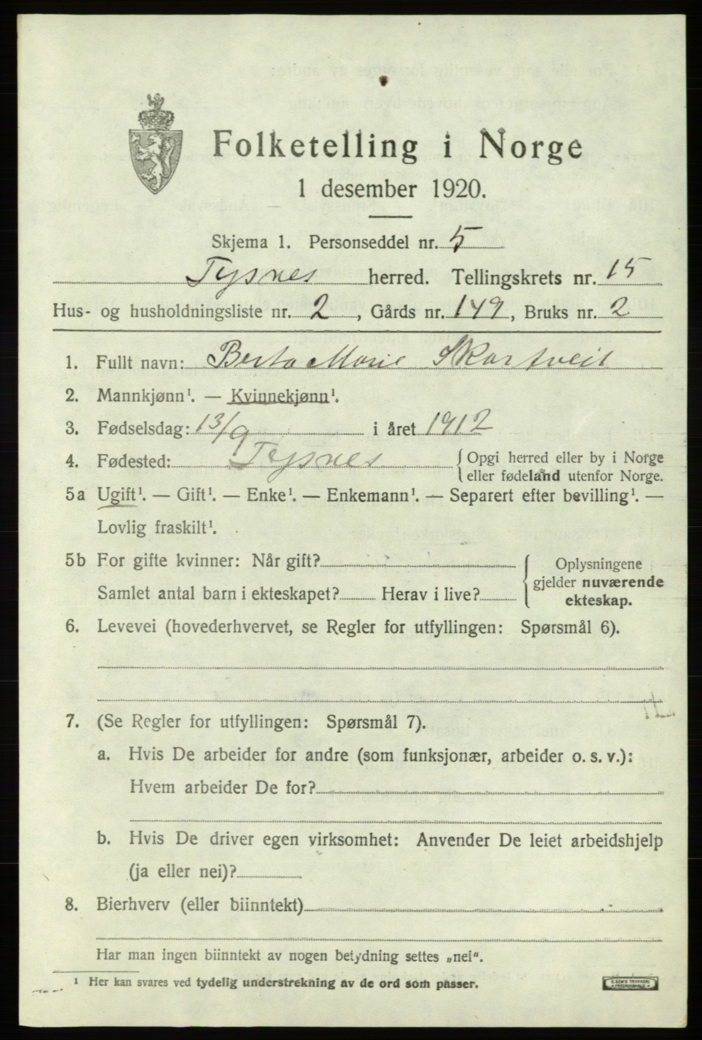 SAB, 1920 census for Tysnes, 1920, p. 9952