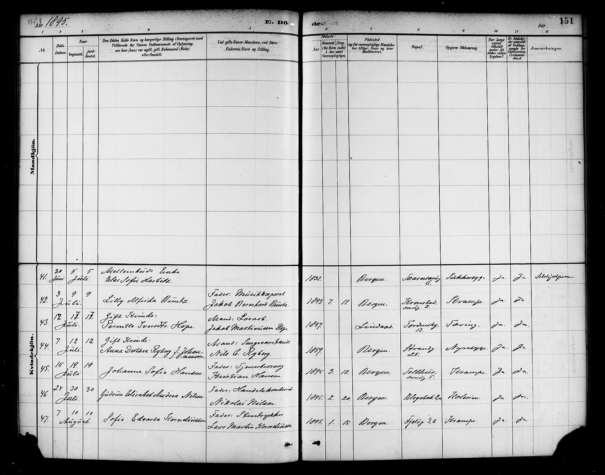 Korskirken sokneprestembete, SAB/A-76101/H/Haa/L0047: Parish register (official) no. E 5, 1884-1910, p. 151