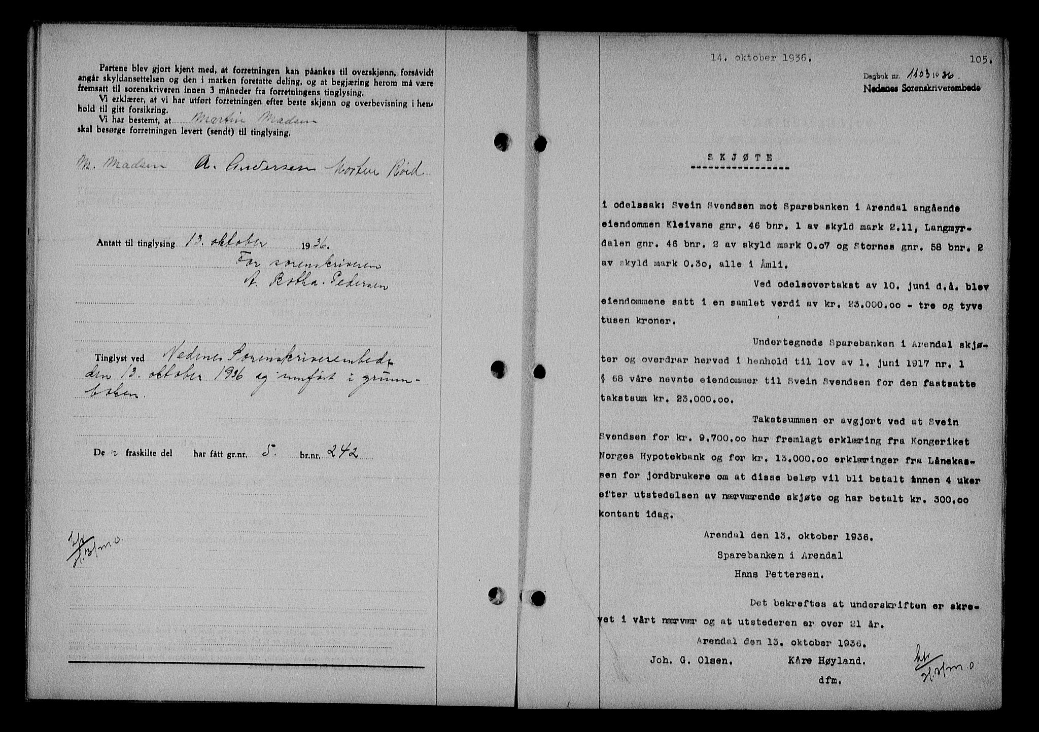Nedenes sorenskriveri, SAK/1221-0006/G/Gb/Gba/L0043: Mortgage book no. 39, 1936-1937, Diary no: : 1103/1936