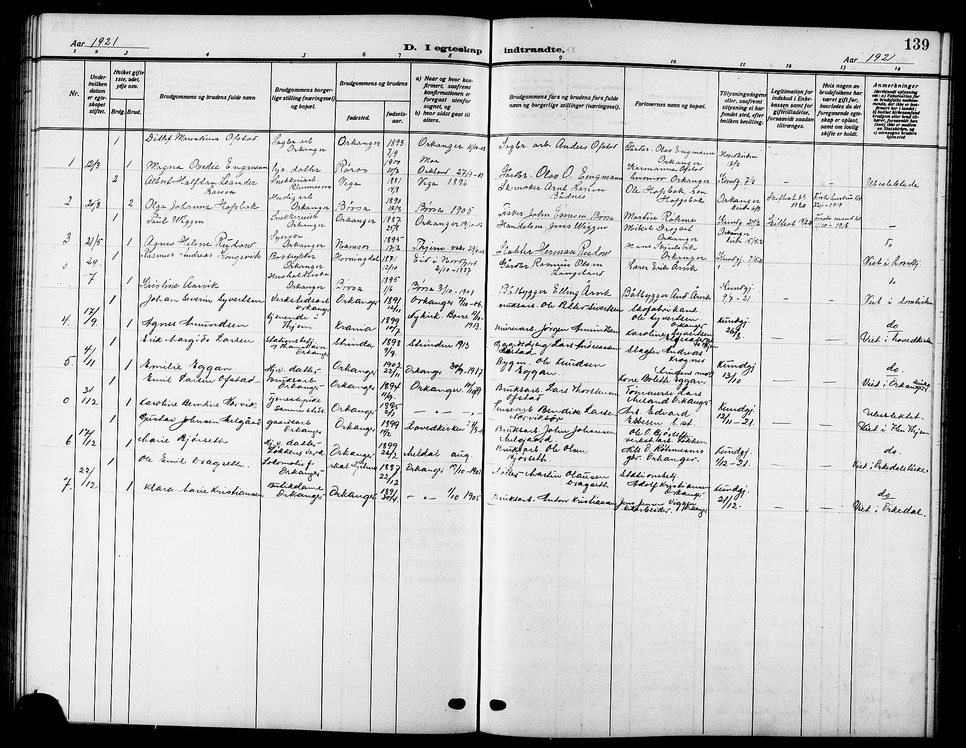 Ministerialprotokoller, klokkerbøker og fødselsregistre - Sør-Trøndelag, SAT/A-1456/669/L0831: Parish register (copy) no. 669C01, 1909-1924, p. 139