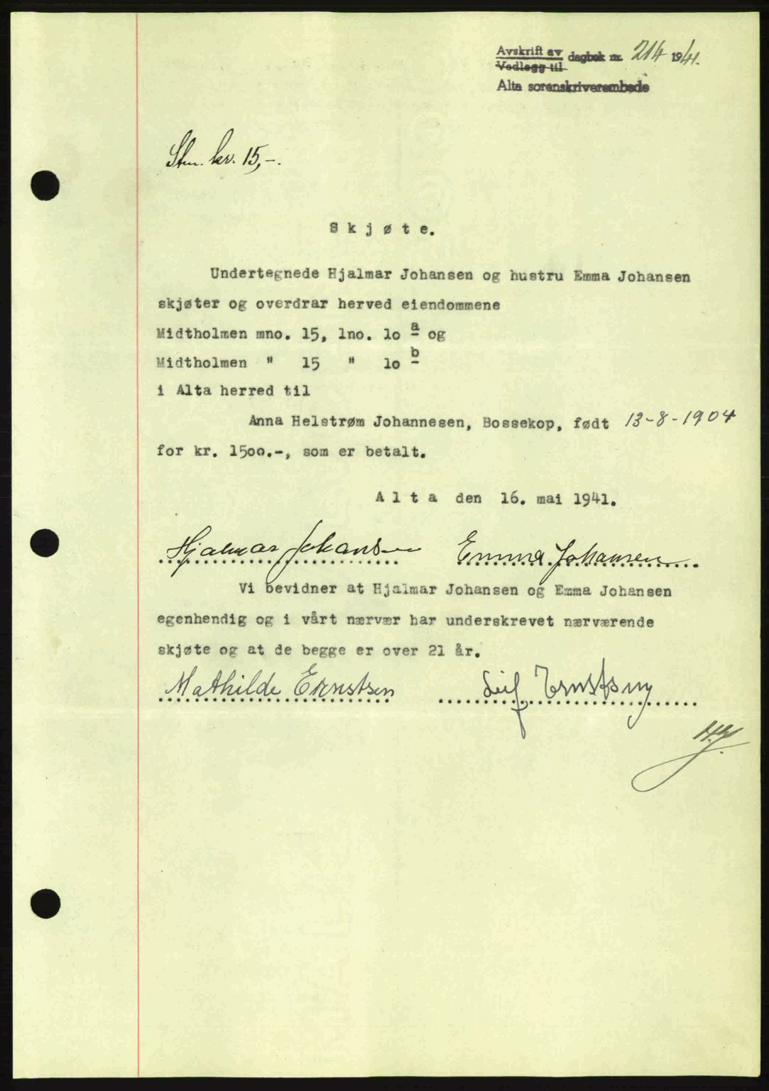 Alta fogderi/sorenskriveri, SATØ/SATØ-5/1/K/Kd/L0033pantebok: Mortgage book no. 33, 1940-1943, Diary no: : 214/1941