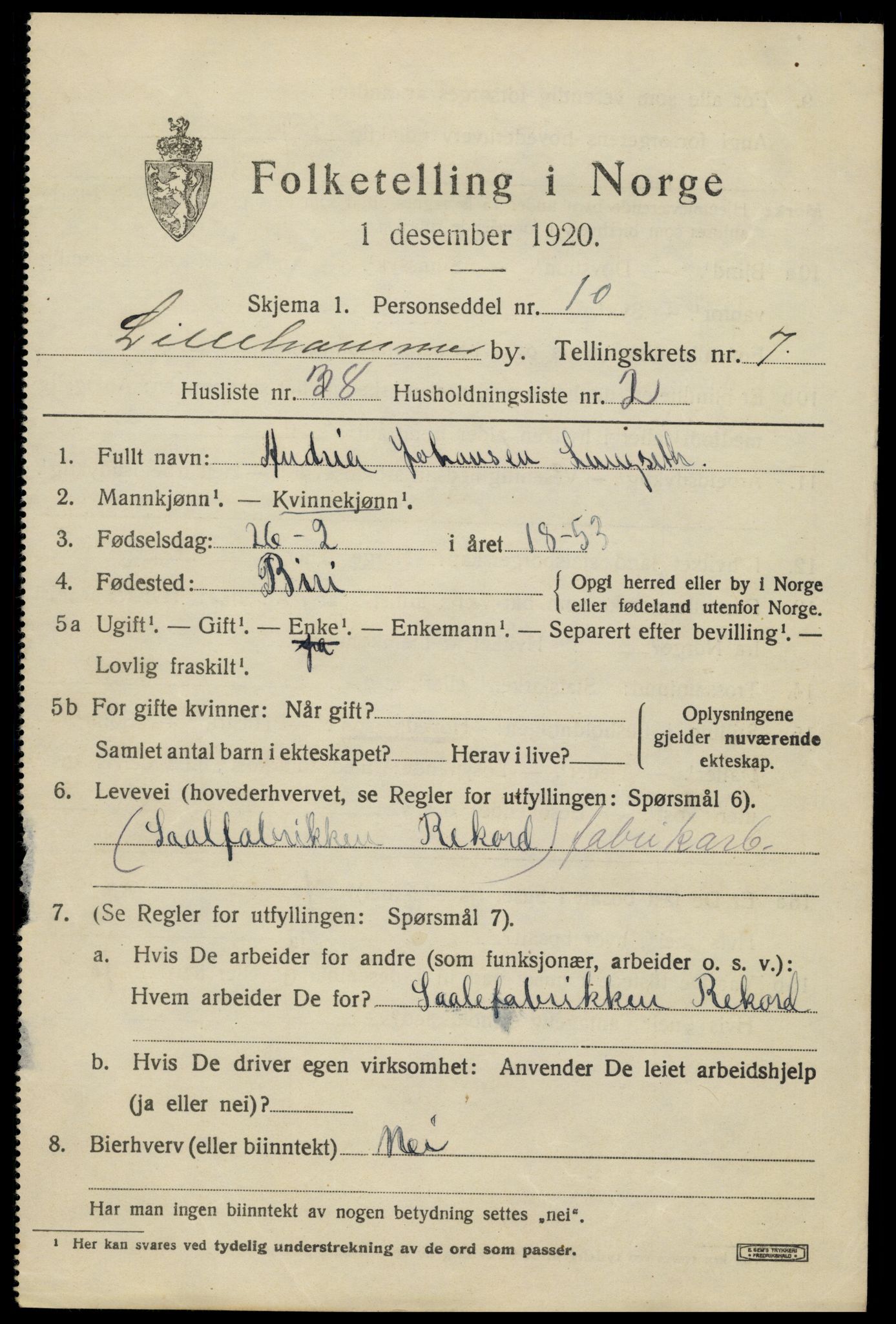 SAH, 1920 census for Lillehammer, 1920, p. 10378