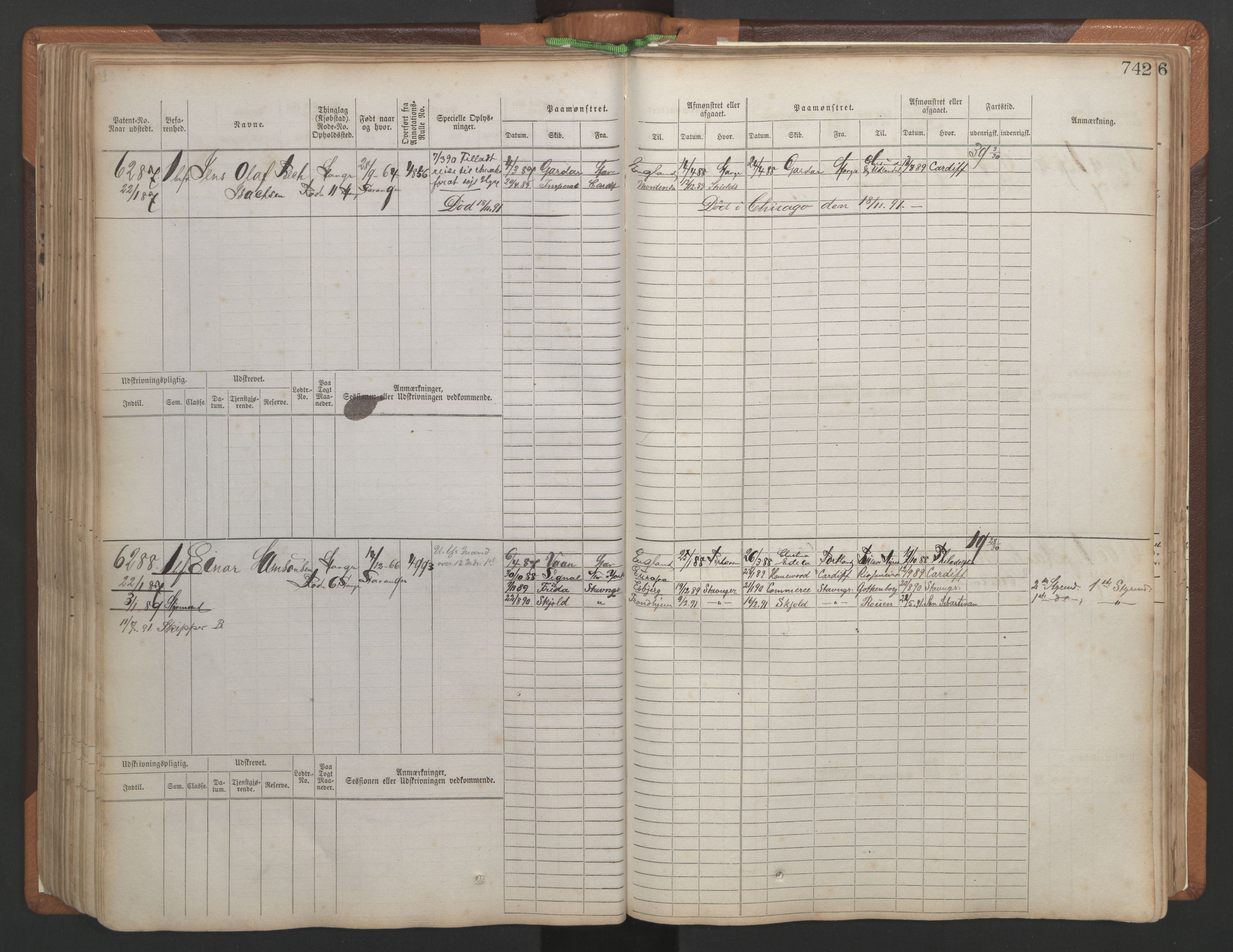 Stavanger sjømannskontor, AV/SAST-A-102006/F/Fb/Fbb/L0010: Sjøfartshovedrulle, patentnr. 6007-6606 (del 1), 1887-1896, p. 146