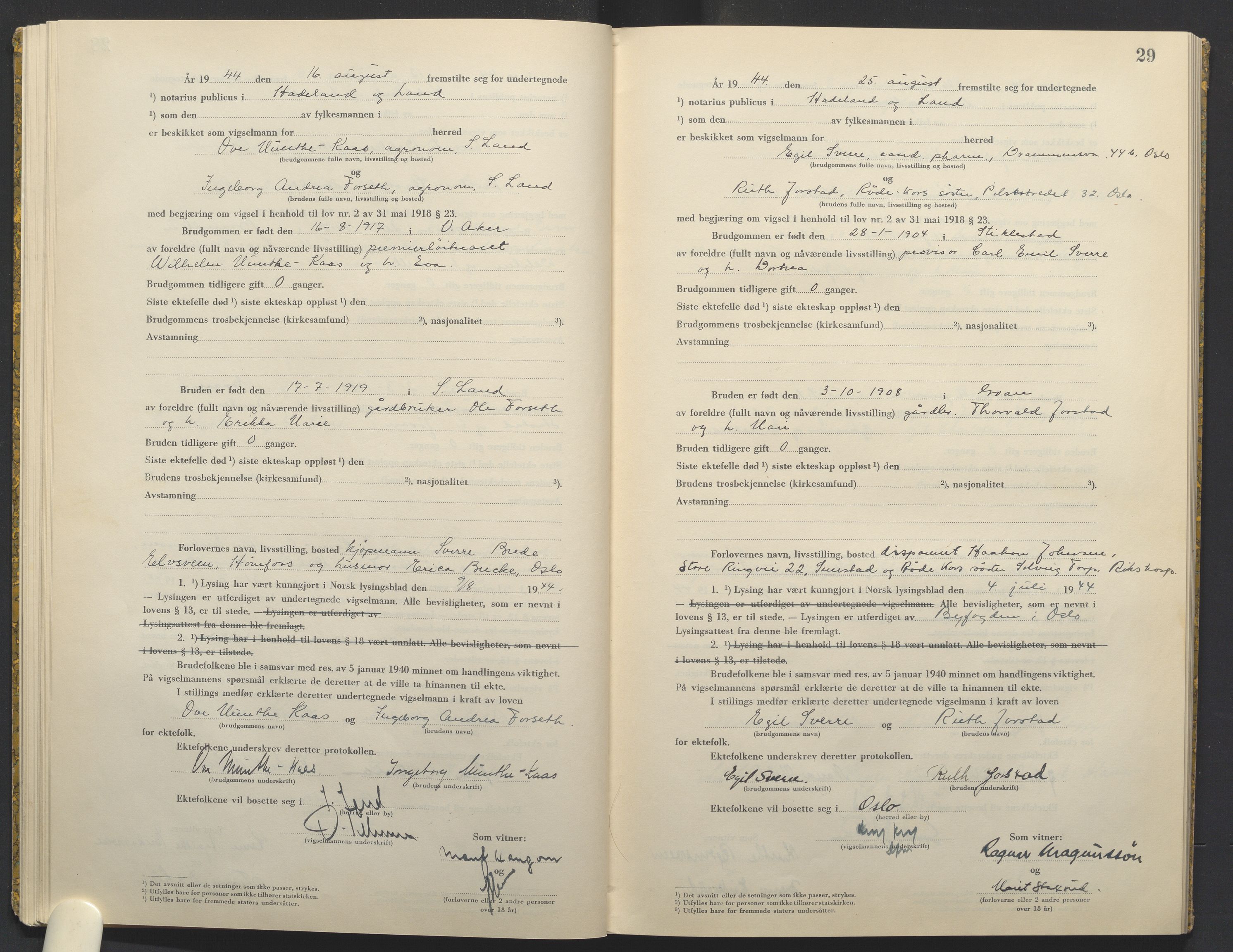 Hadeland og Land tingrett, AV/SAH-TING-010/L/Lb/L0003: Vigselbok, 1944-1946, p. 29