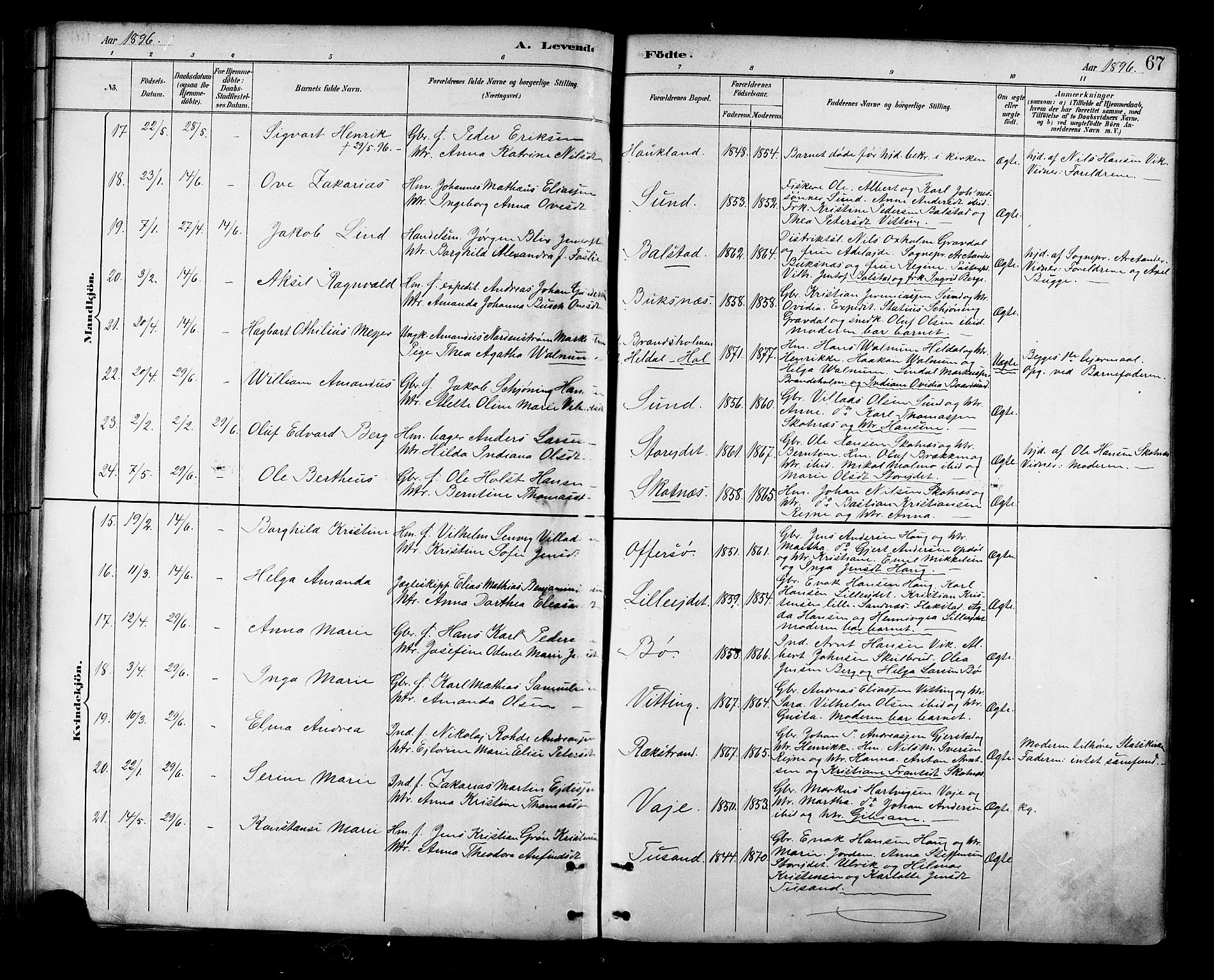 Ministerialprotokoller, klokkerbøker og fødselsregistre - Nordland, SAT/A-1459/881/L1167: Parish register (copy) no. 881C04, 1886-1899, p. 67