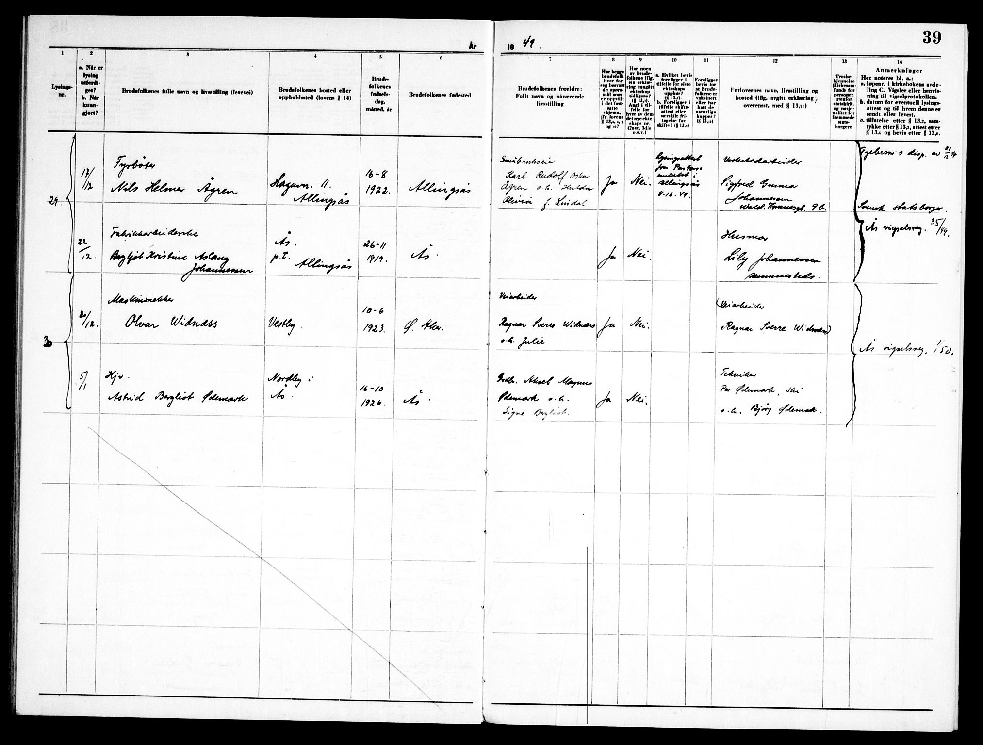 Ås prestekontor Kirkebøker, AV/SAO-A-10894/H/Ha/L0002: Banns register no. 2, 1946-1955, p. 39