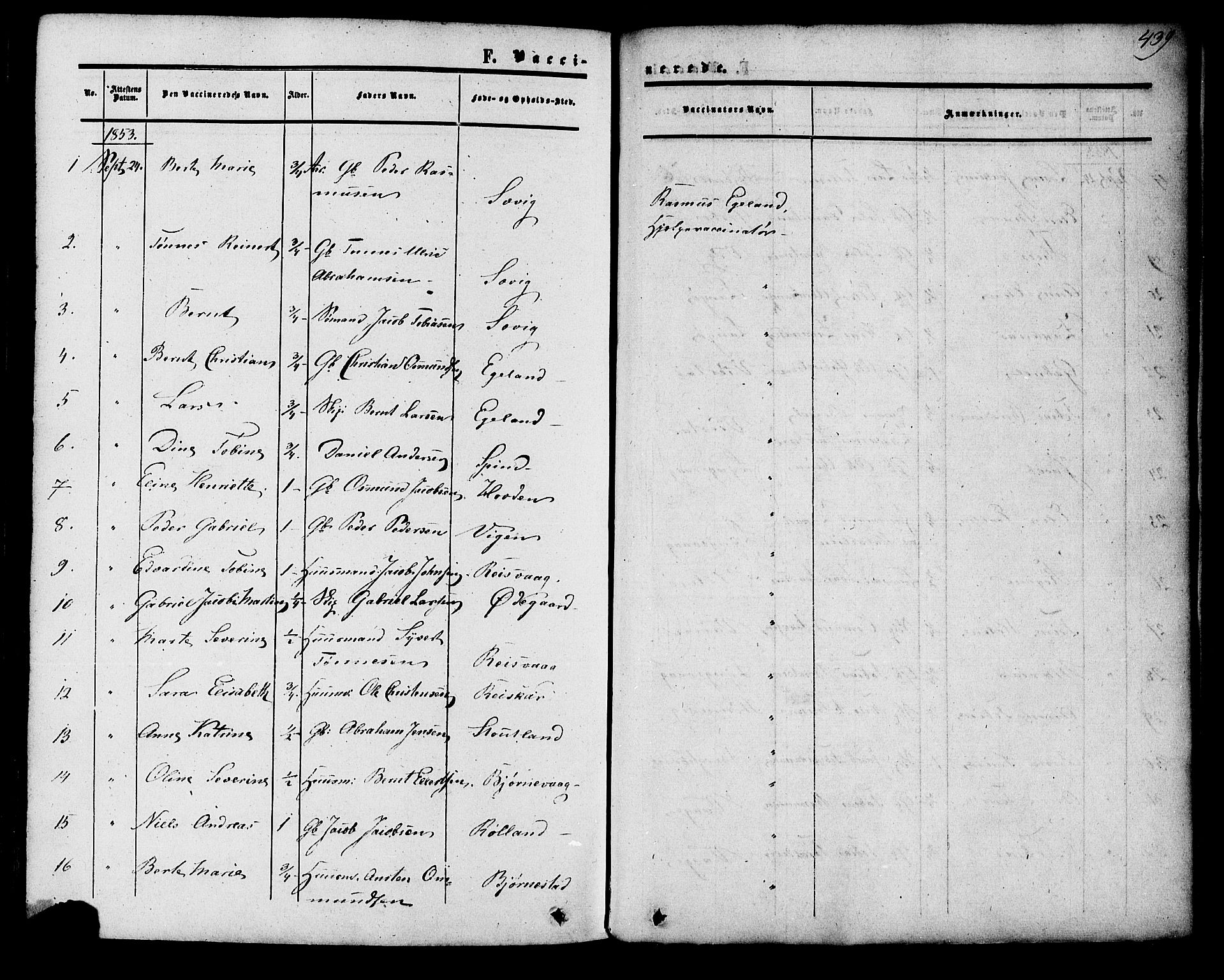 Herad sokneprestkontor, SAK/1111-0018/F/Fa/Fab/L0004: Parish register (official) no. A 4, 1853-1885, p. 439