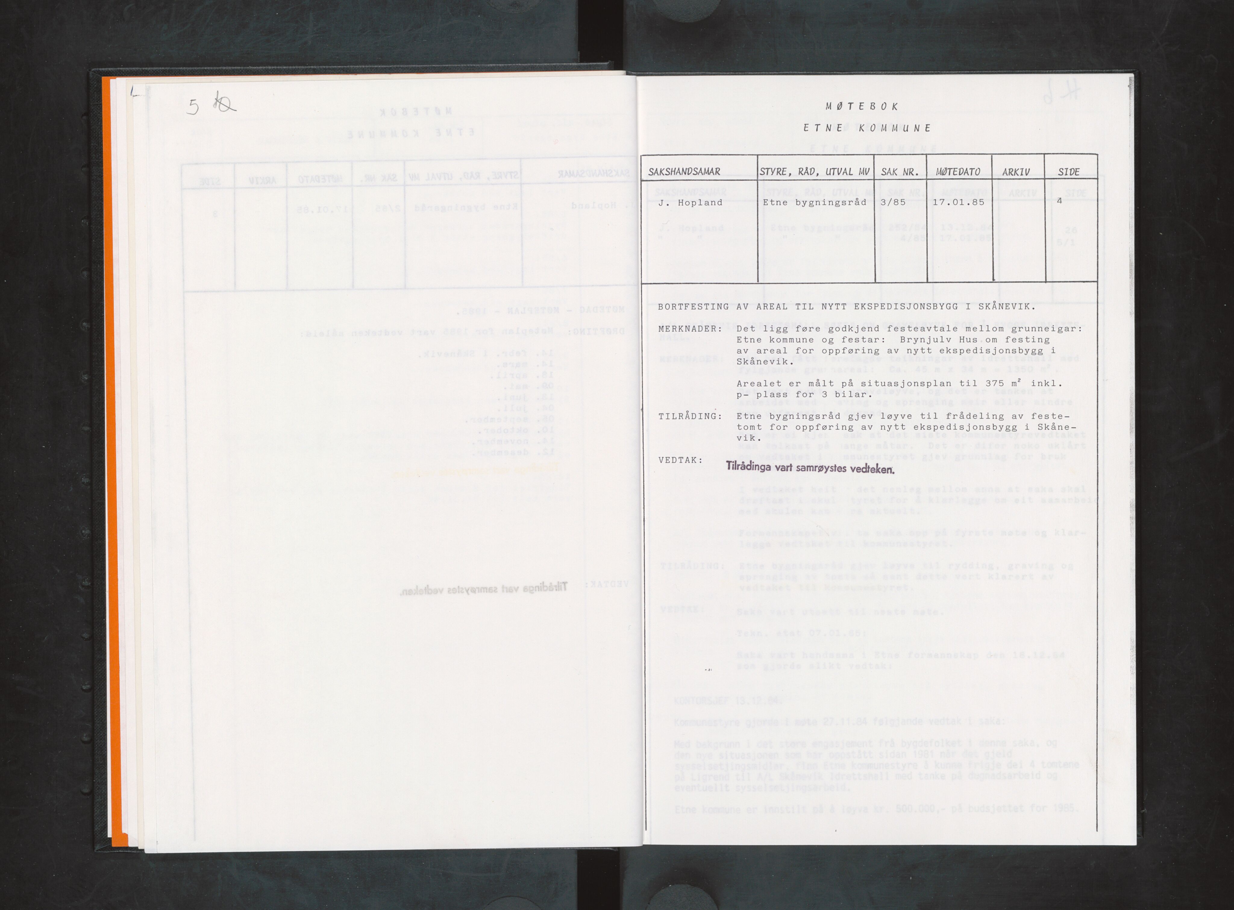 Etne kommune. Bygningsrådet, IKAH/1211-511/A/Aa/L0033: Møtebok Etne bygningsråd I, 1985