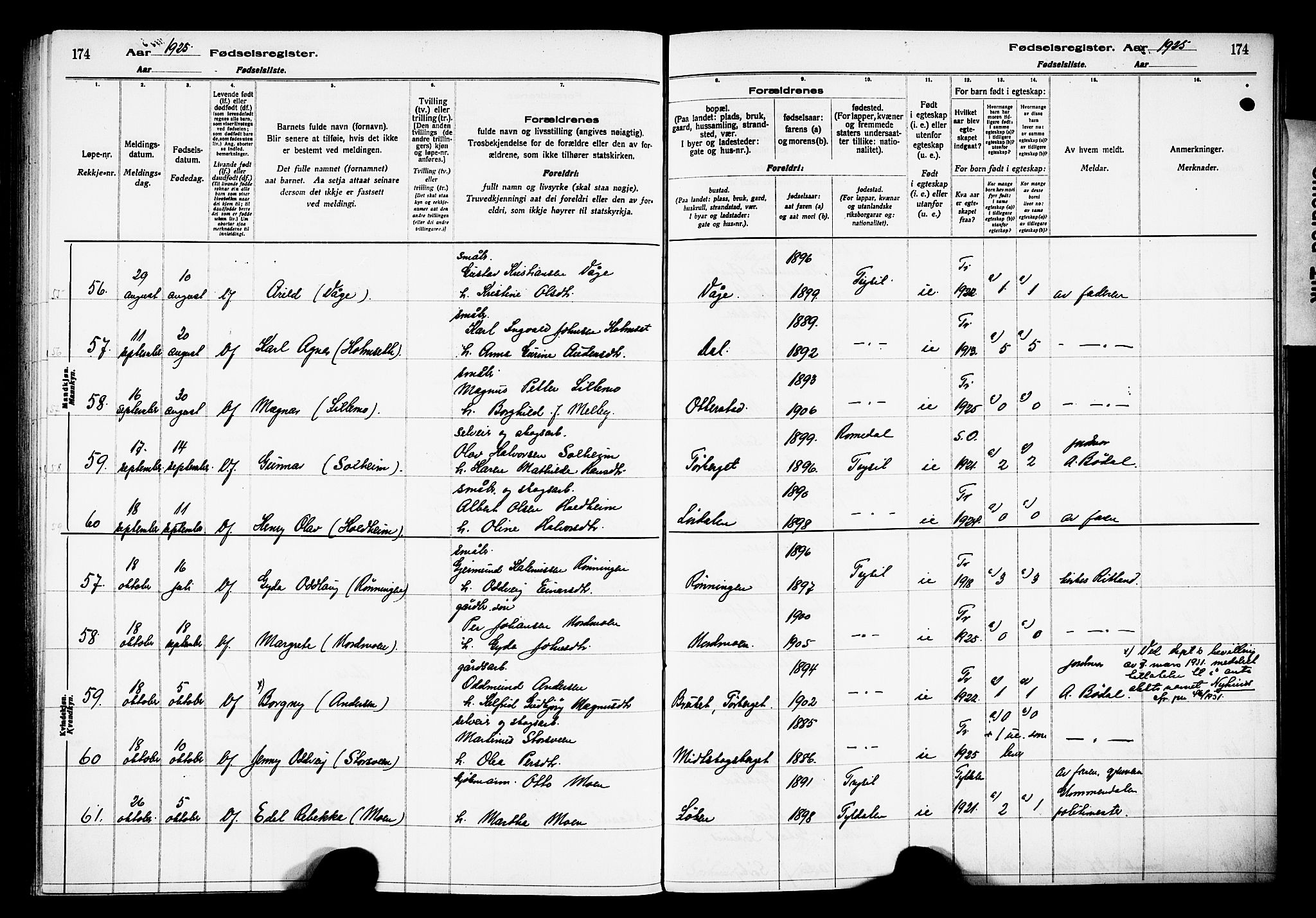 Trysil prestekontor, AV/SAH-PREST-046/I/Id/Ida/L0001: Birth register no. I 1, 1916-1927, p. 174