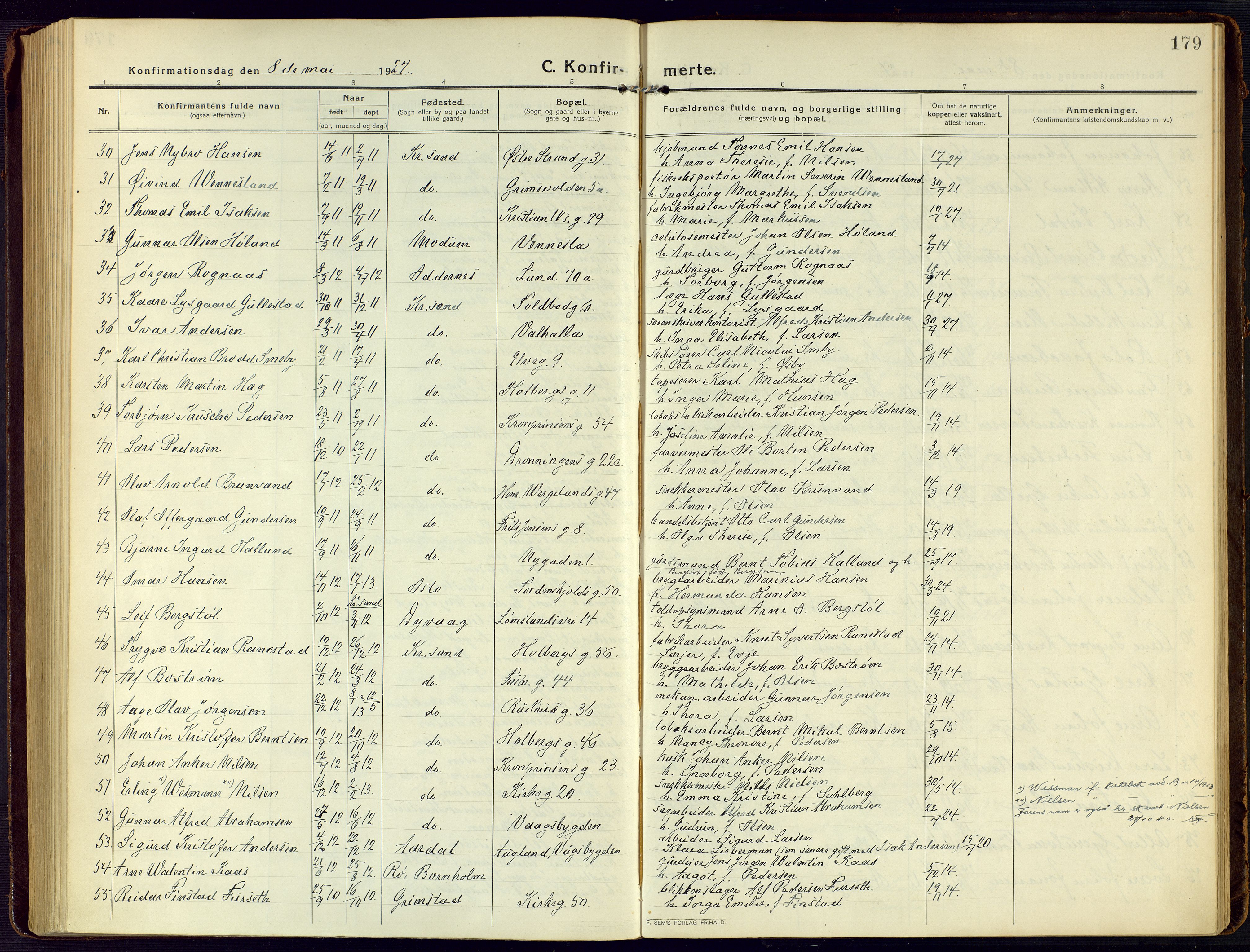 Kristiansand domprosti, SAK/1112-0006/F/Fa/L0026: Parish register (official) no. A 25, 1916-1928, p. 179