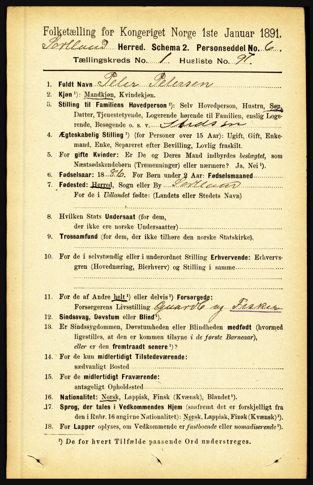 RA, 1891 census for 1870 Sortland, 1891, p. 784