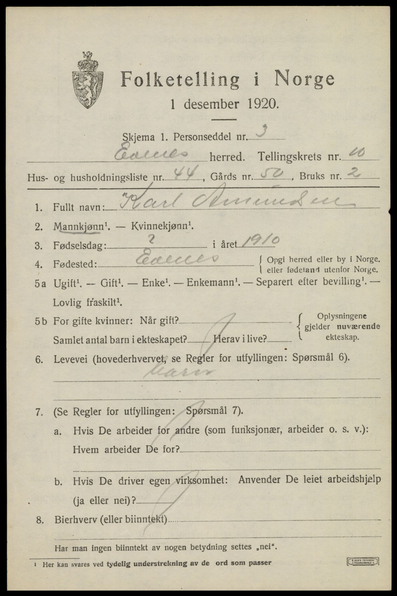 SAT, 1920 census for Evenes, 1920, p. 10576