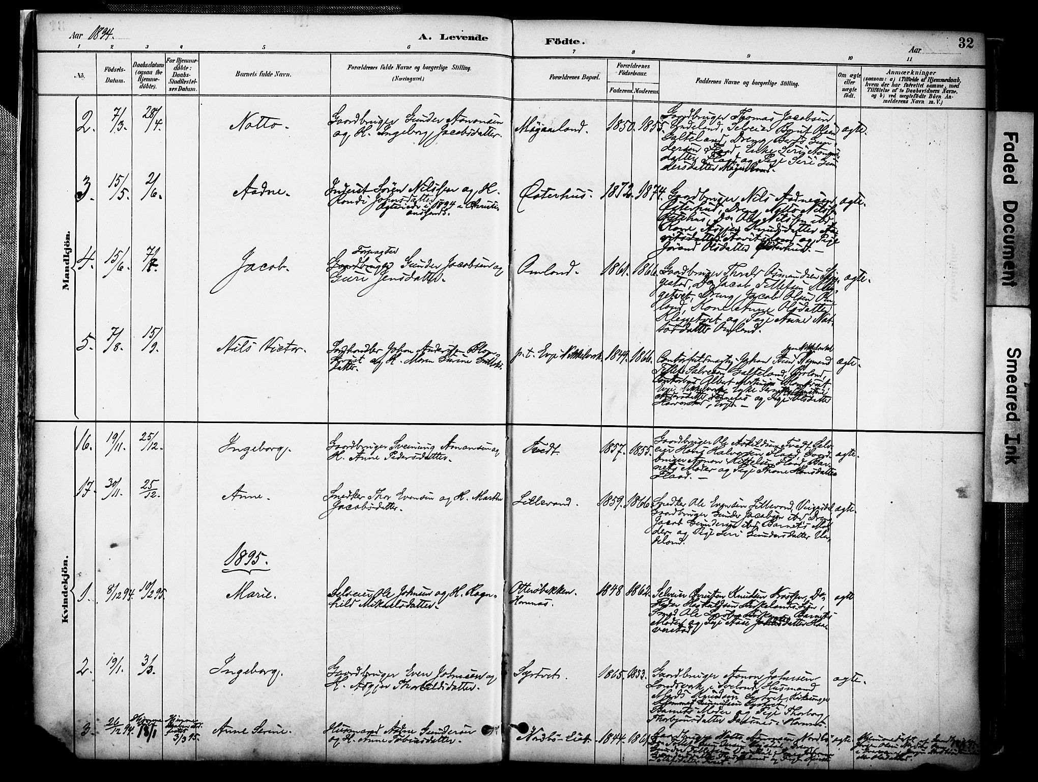 Evje sokneprestkontor, AV/SAK-1111-0008/F/Fa/Faa/L0007: Parish register (official) no. A 7, 1884-1909, p. 32