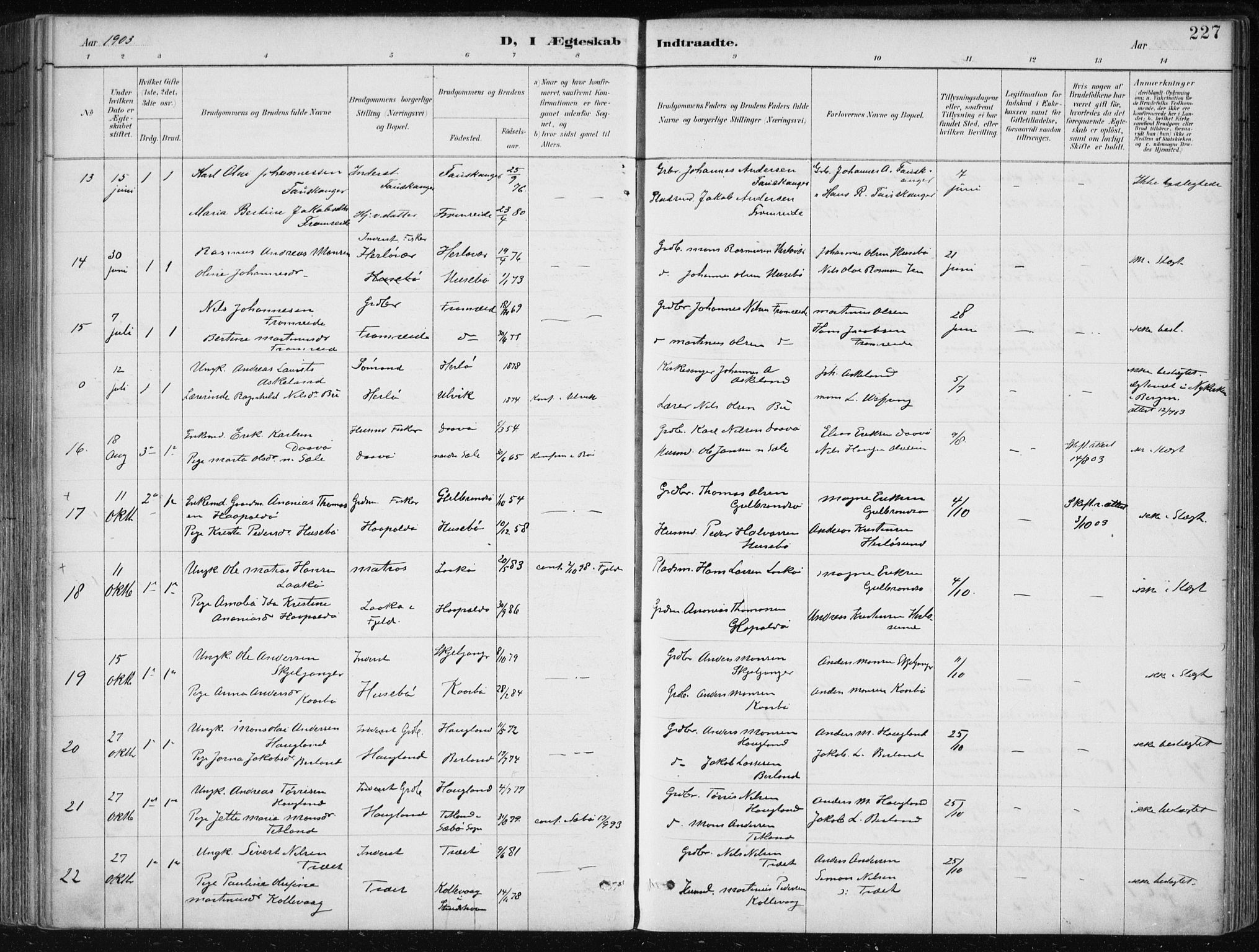 Herdla Sokneprestembete, SAB/A-75701/H/Haa: Parish register (official) no. A 4, 1891-1905, p. 227