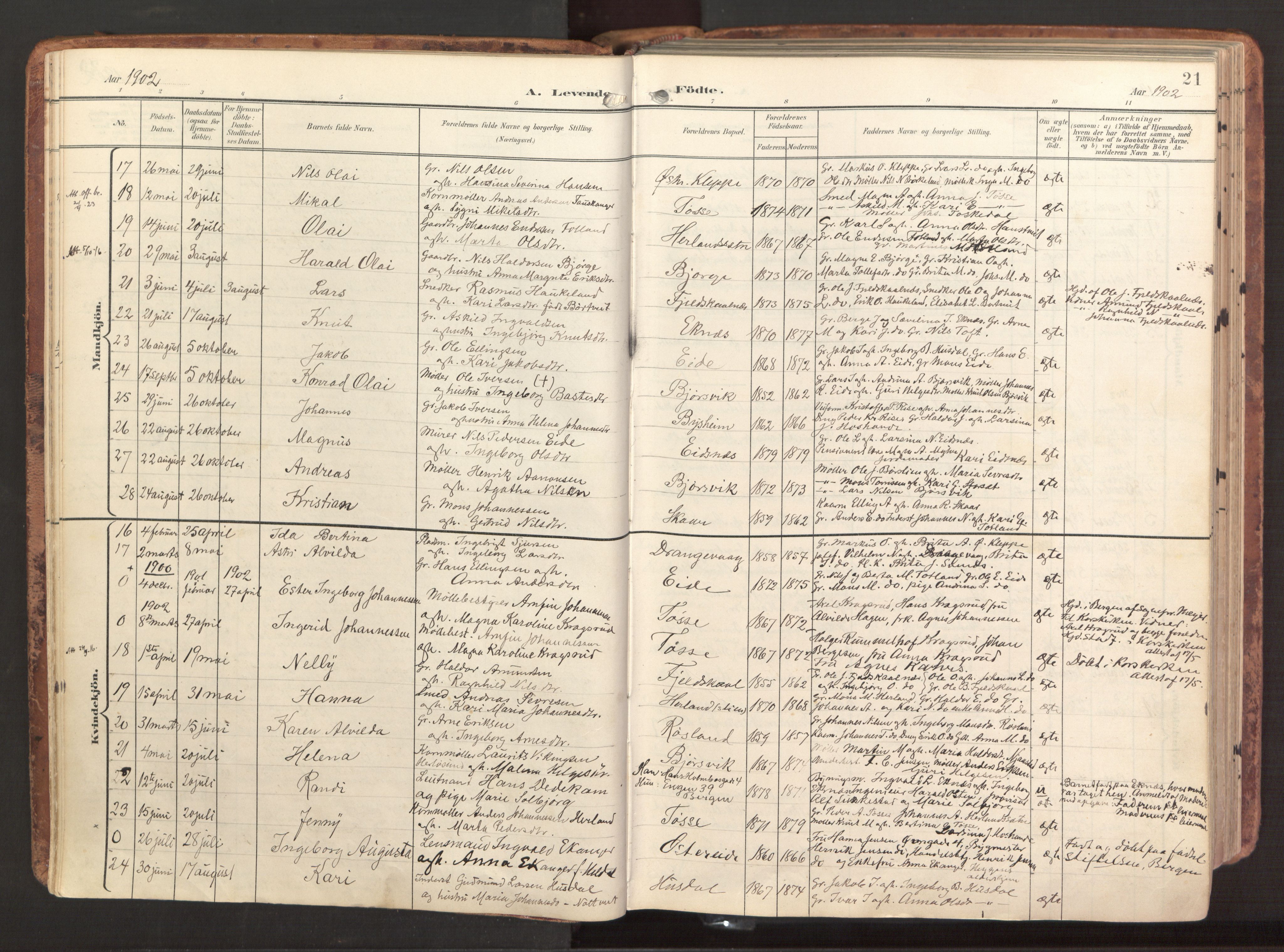 Hosanger sokneprestembete, AV/SAB-A-75801/H/Haa: Parish register (official) no. B 2, 1897-1923, p. 21
