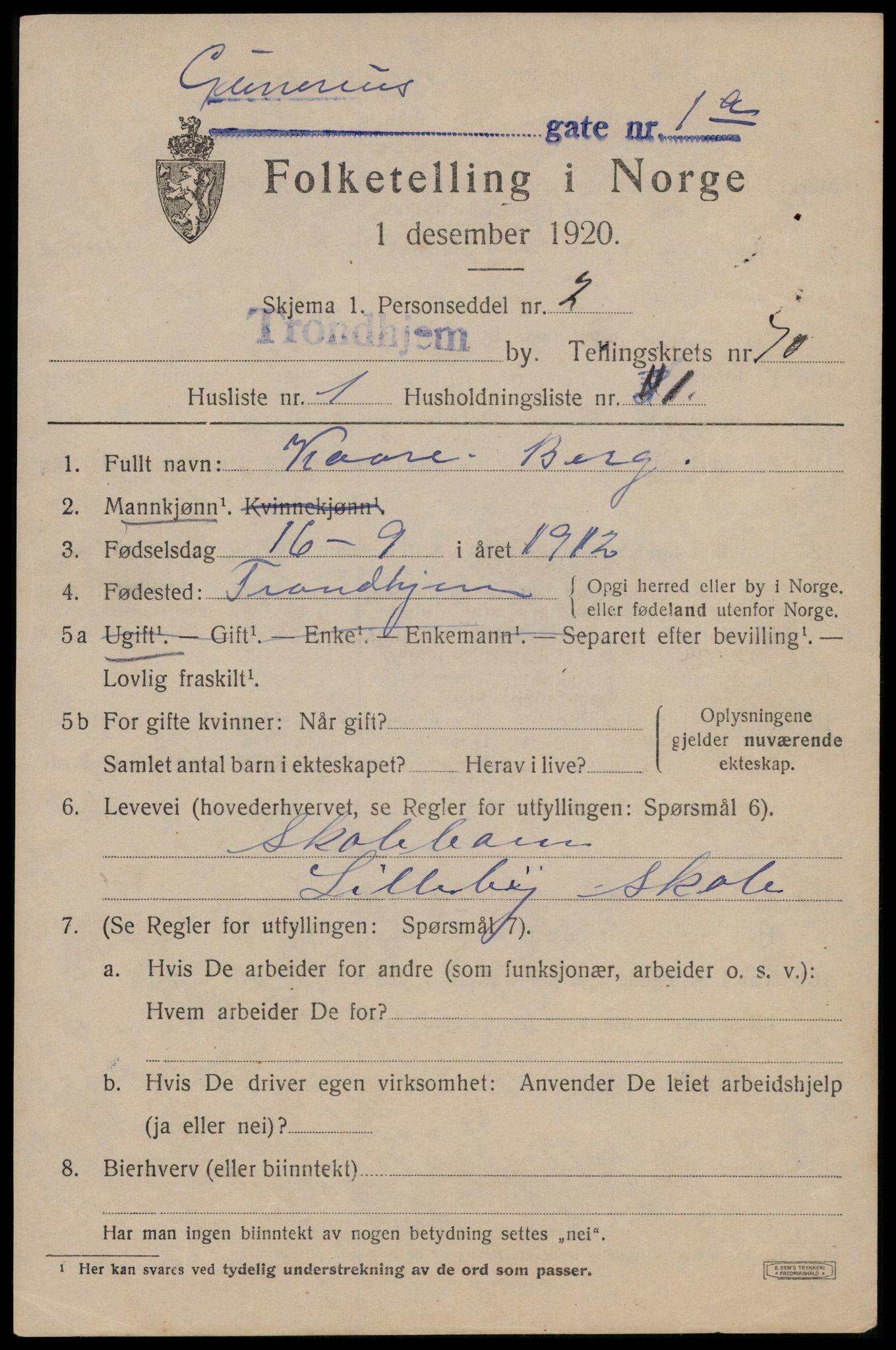 SAT, 1920 census for Trondheim, 1920, p. 137942