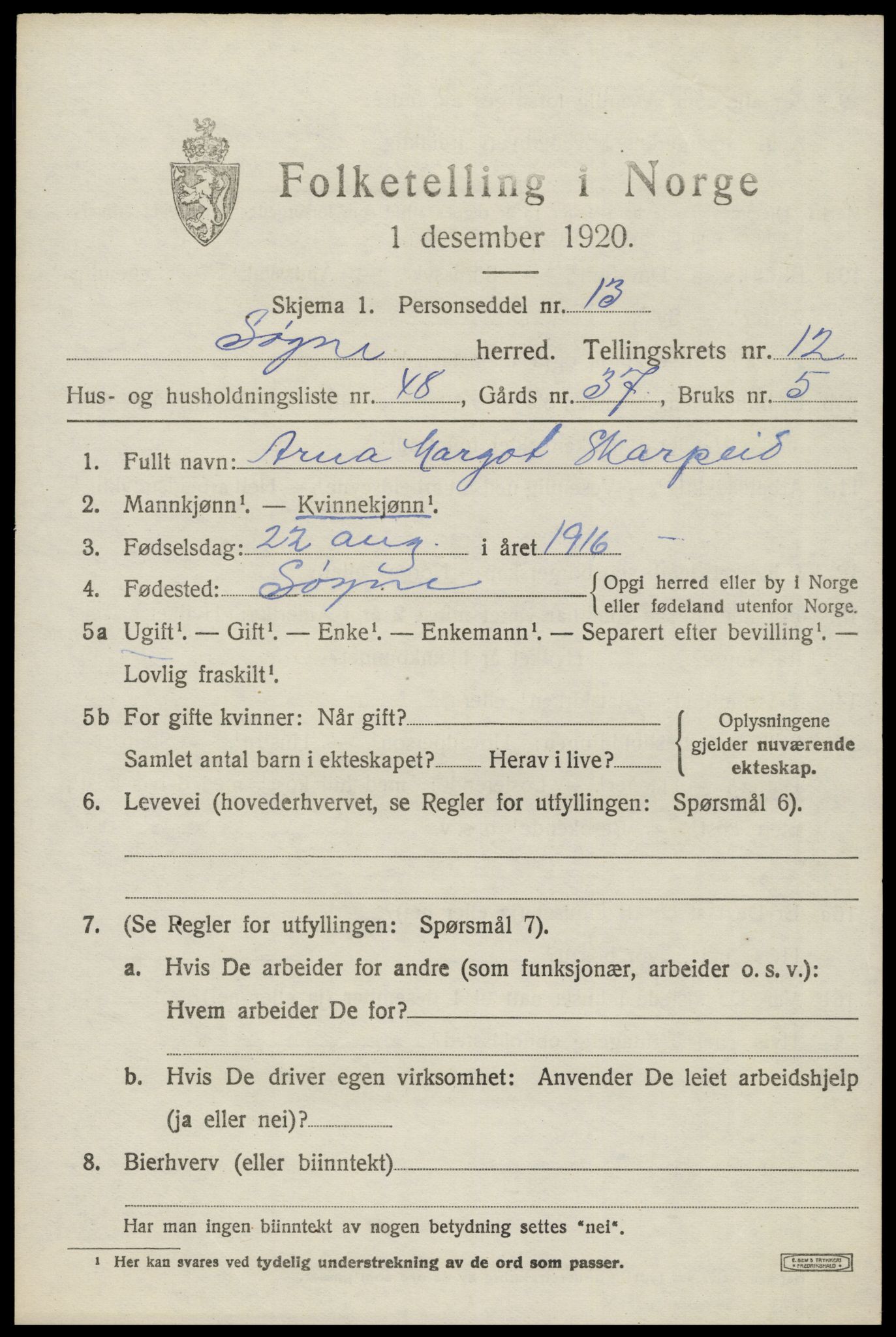 SAK, 1920 census for Søgne, 1920, p. 6407