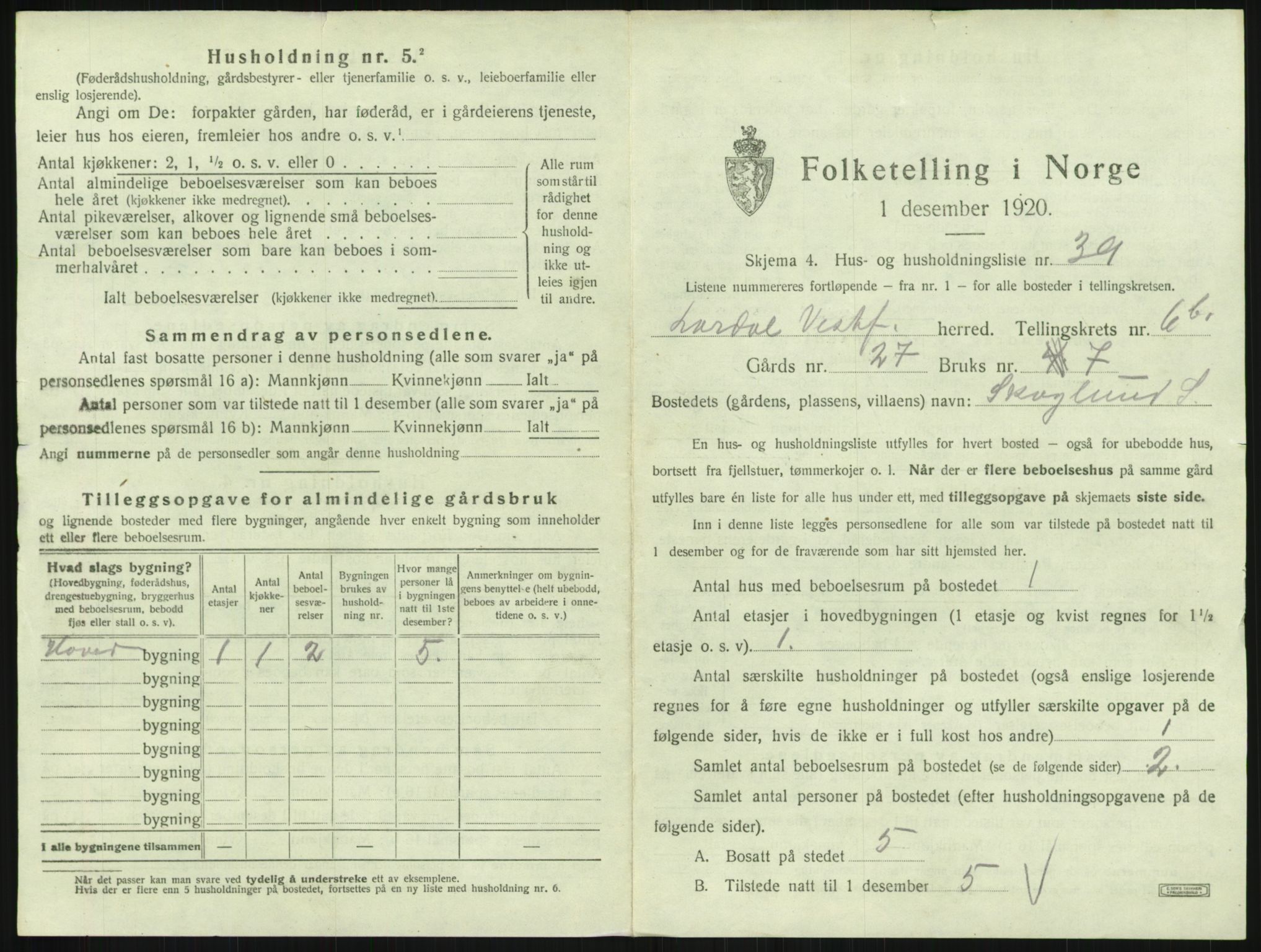 SAKO, 1920 census for Lardal, 1920, p. 997