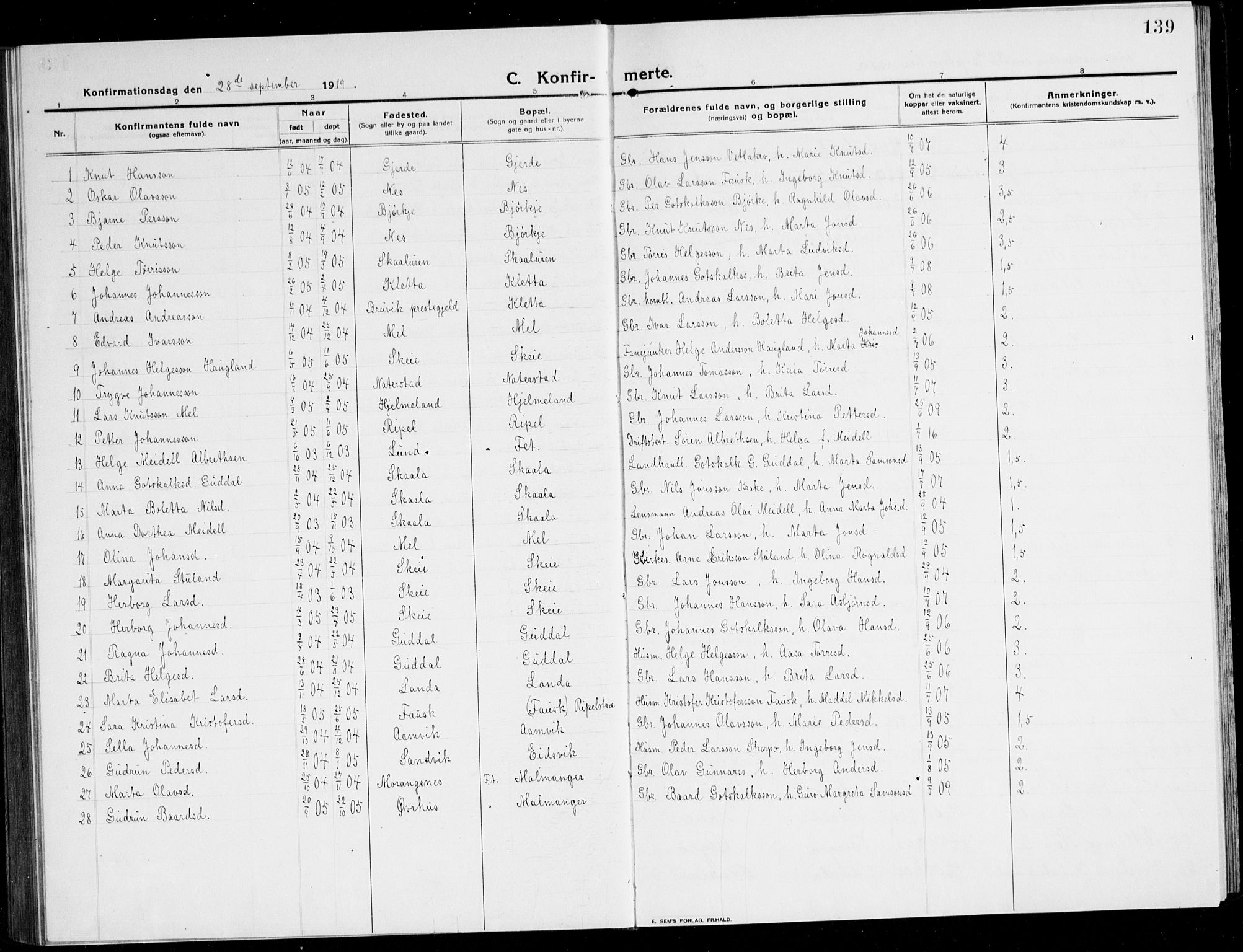 Kvinnherad sokneprestembete, SAB/A-76401/H/Hab: Parish register (copy) no. A 3, 1911-1945, p. 139