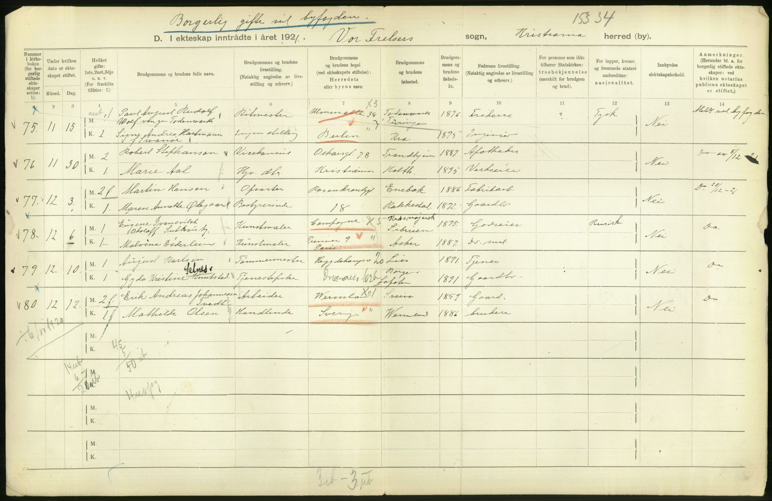 Statistisk sentralbyrå, Sosiodemografiske emner, Befolkning, AV/RA-S-2228/D/Df/Dfc/Dfca/L0011: Kristiania: Gifte, 1921, p. 218