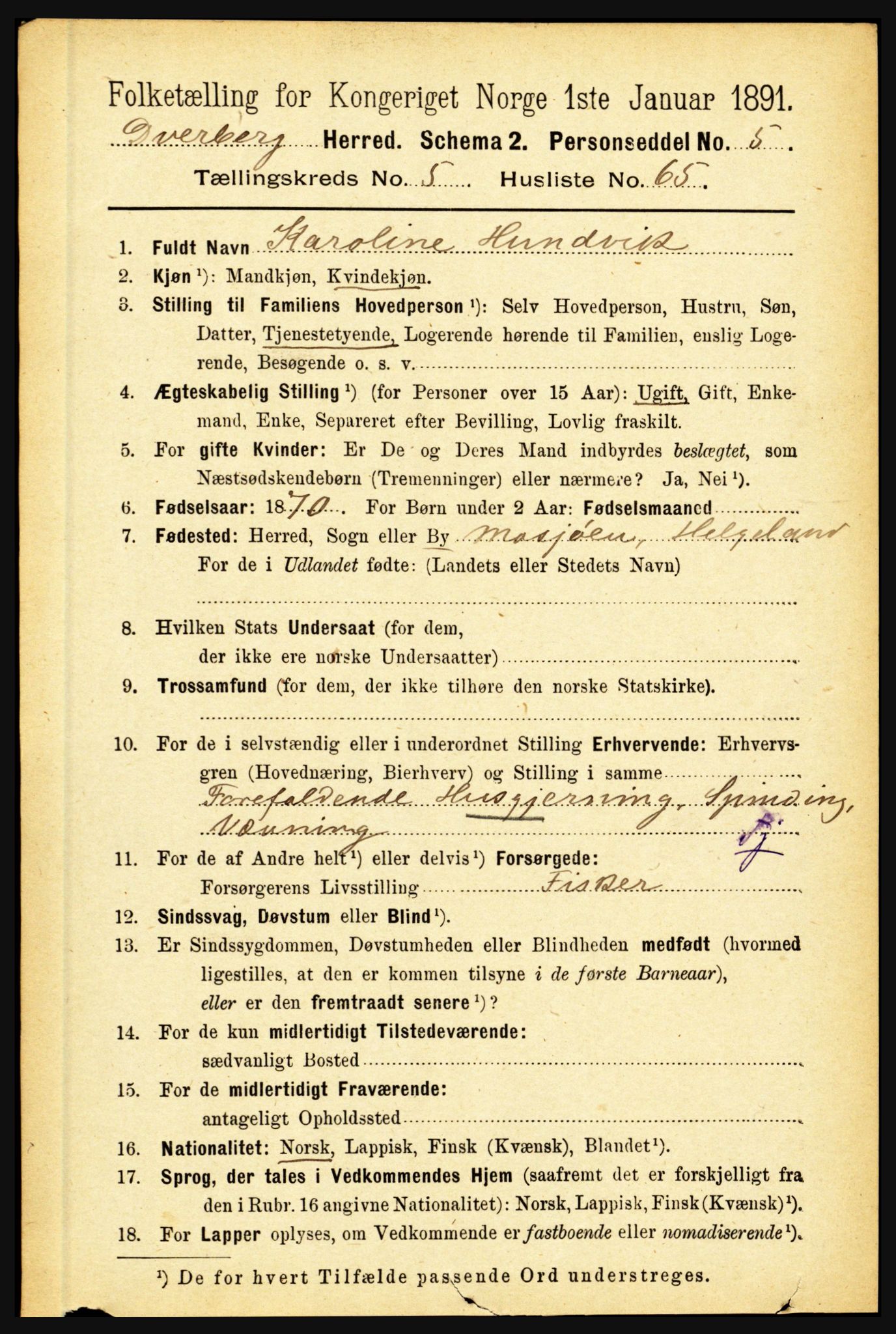 RA, 1891 census for 1872 Dverberg, 1891, p. 2010