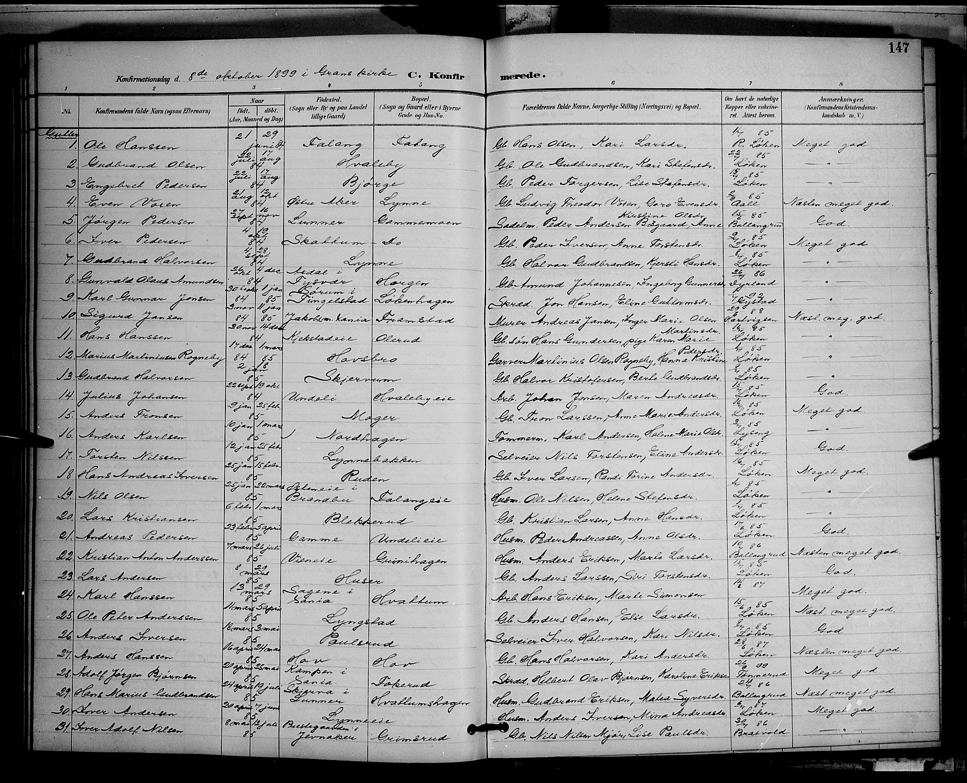 Gran prestekontor, SAH/PREST-112/H/Ha/Hab/L0005: Parish register (copy) no. 5, 1892-1900, p. 147