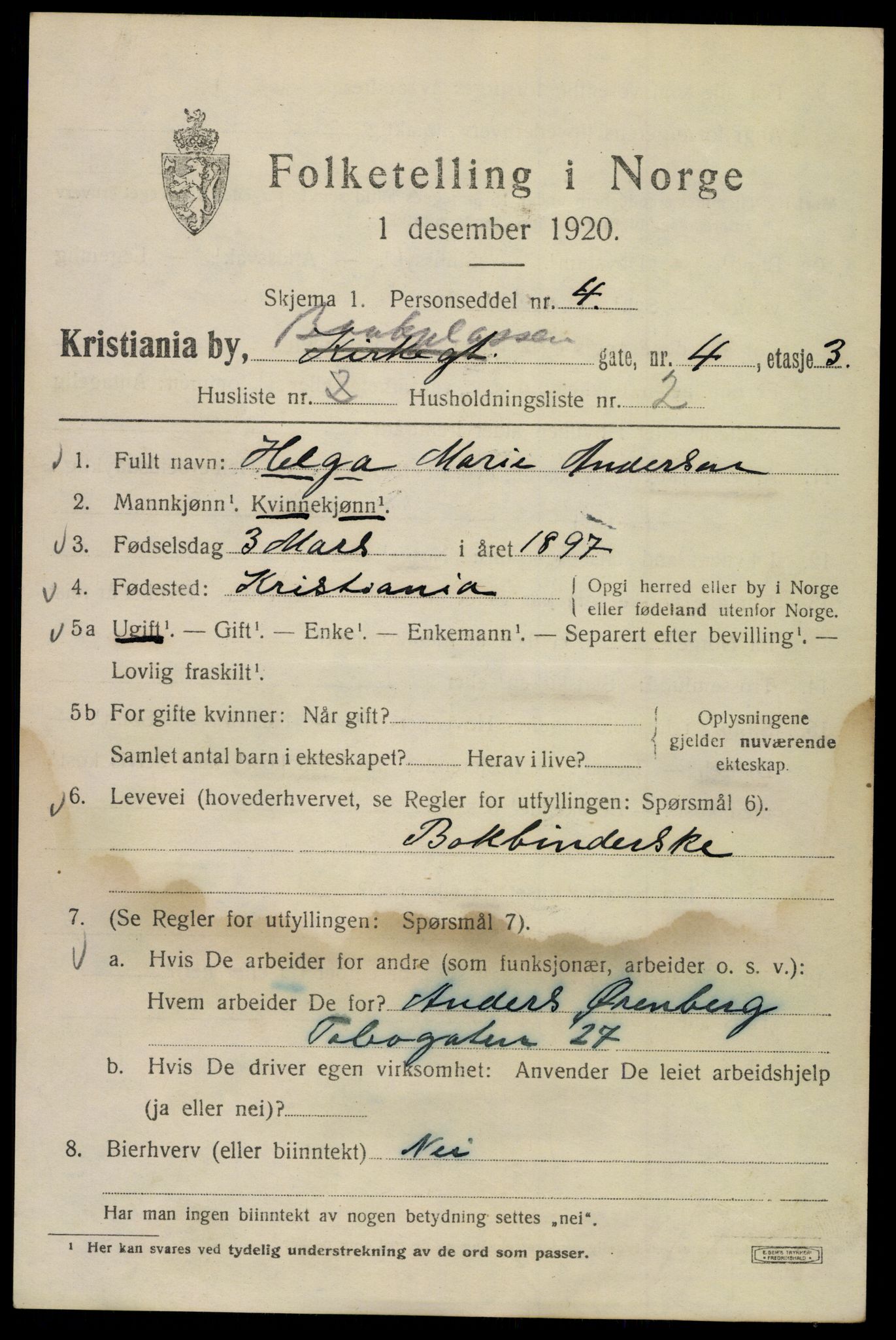 SAO, 1920 census for Kristiania, 1920, p. 150213