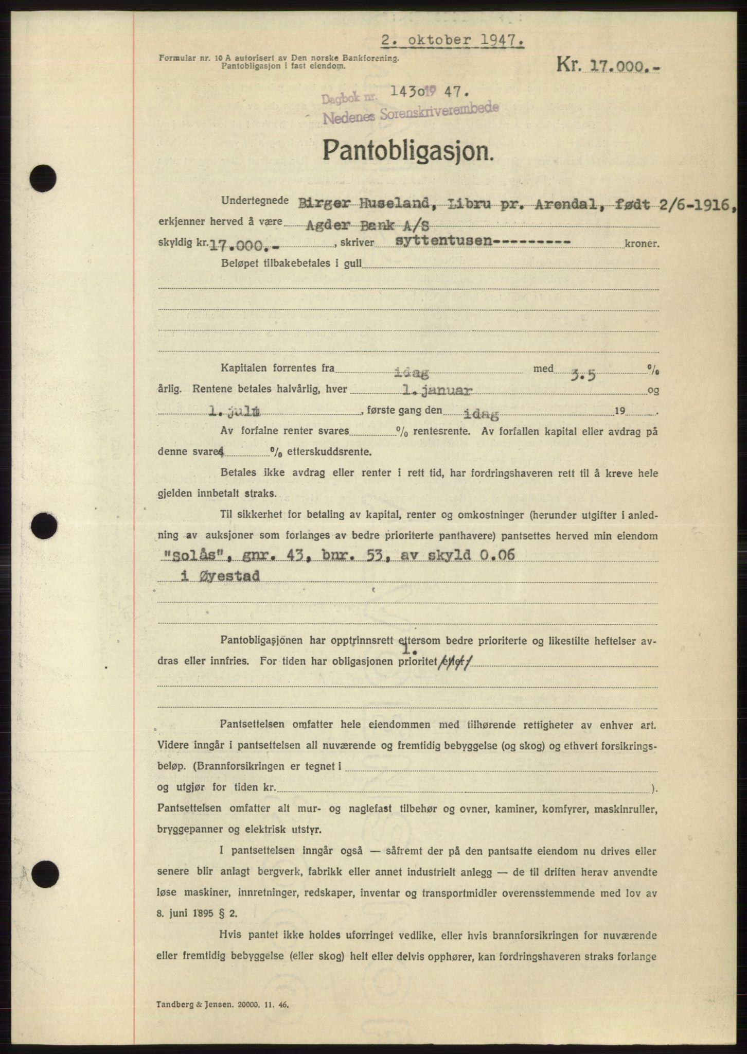 Nedenes sorenskriveri, AV/SAK-1221-0006/G/Gb/Gbb/L0004: Mortgage book no. B4, 1947-1947, Diary no: : 1430/1947