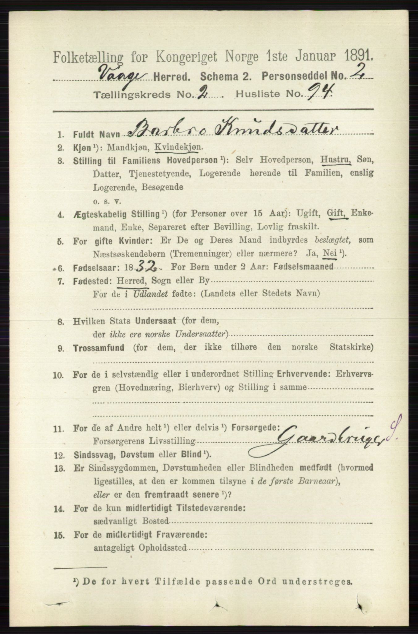 RA, 1891 census for 0515 Vågå, 1891, p. 1765