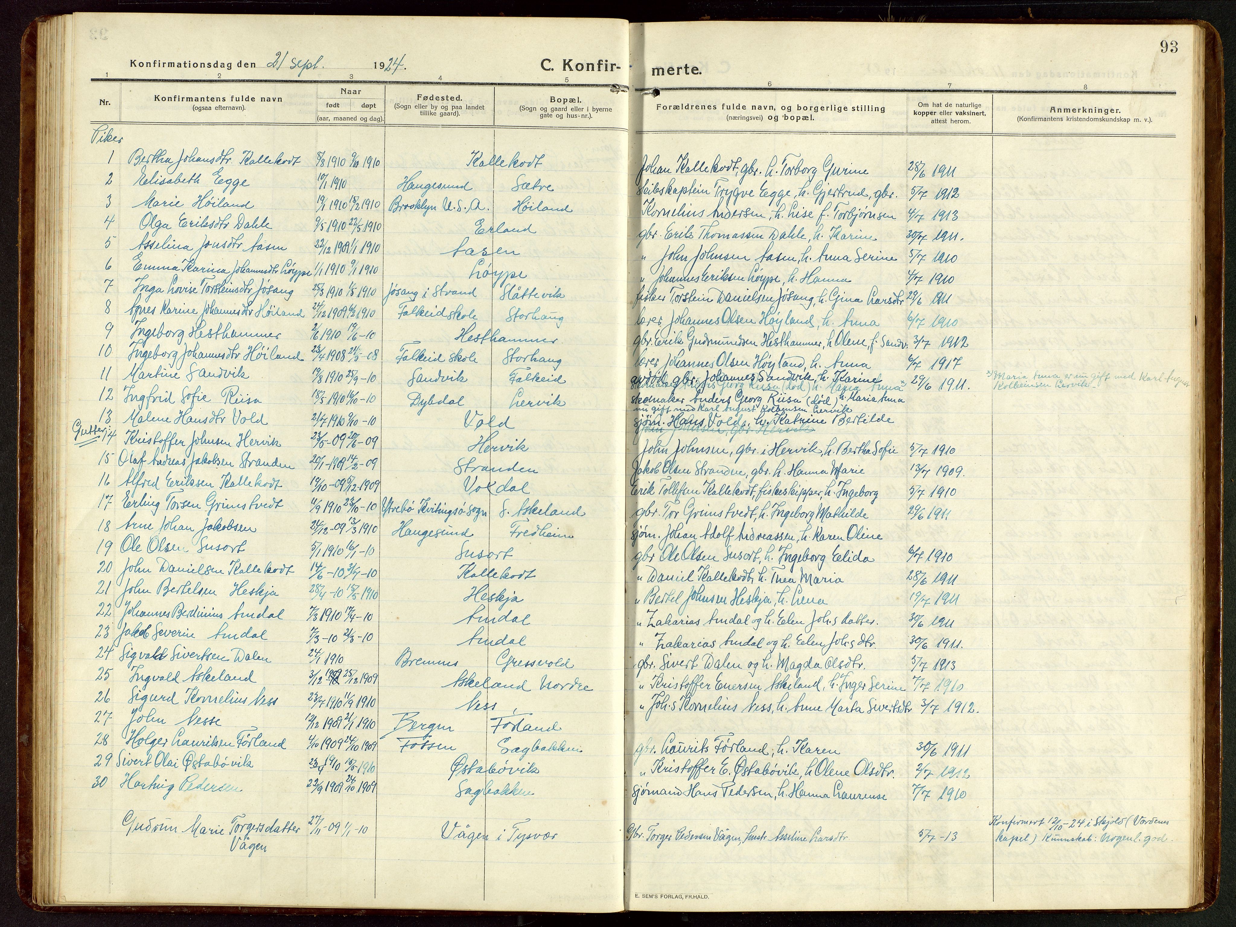 Tysvær sokneprestkontor, AV/SAST-A -101864/H/Ha/Hab/L0011: Parish register (copy) no. B 11, 1913-1946, p. 93