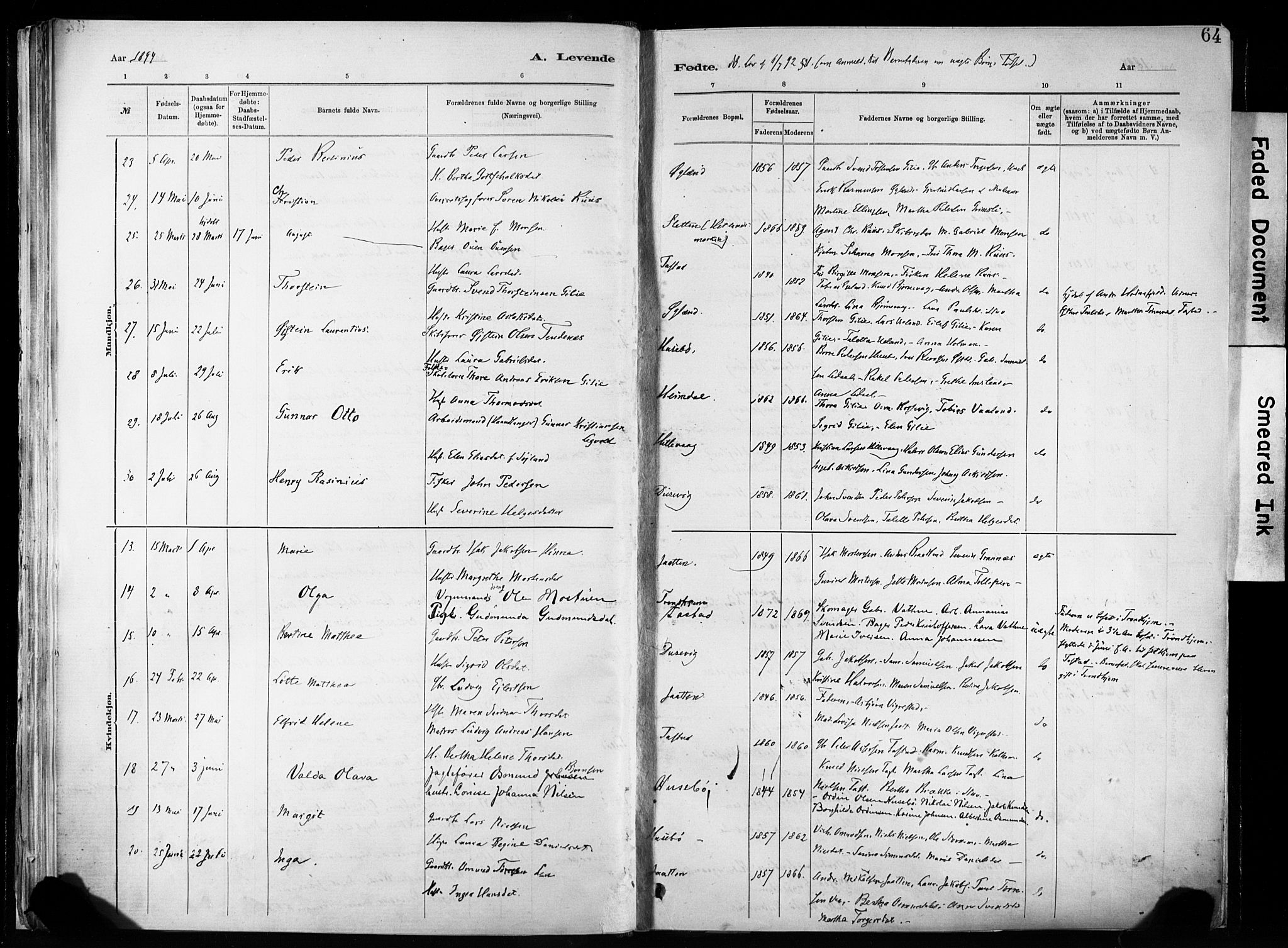 Hetland sokneprestkontor, SAST/A-101826/30/30BA/L0011: Parish register (official) no. A 11, 1884-1911, p. 64
